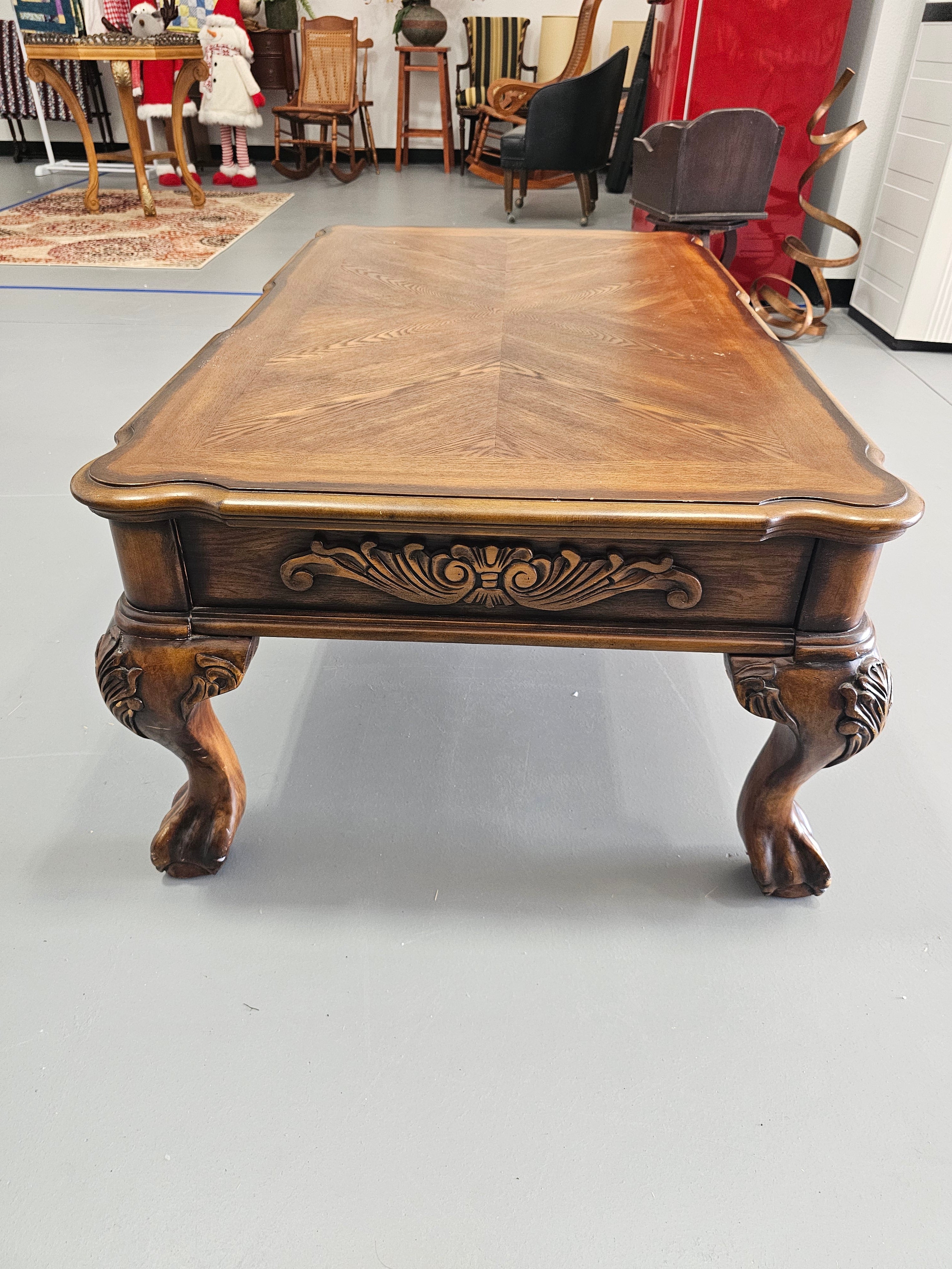 Traditional Carved Wood Coffee Table with Two Drawers & Claw Feet – 52"