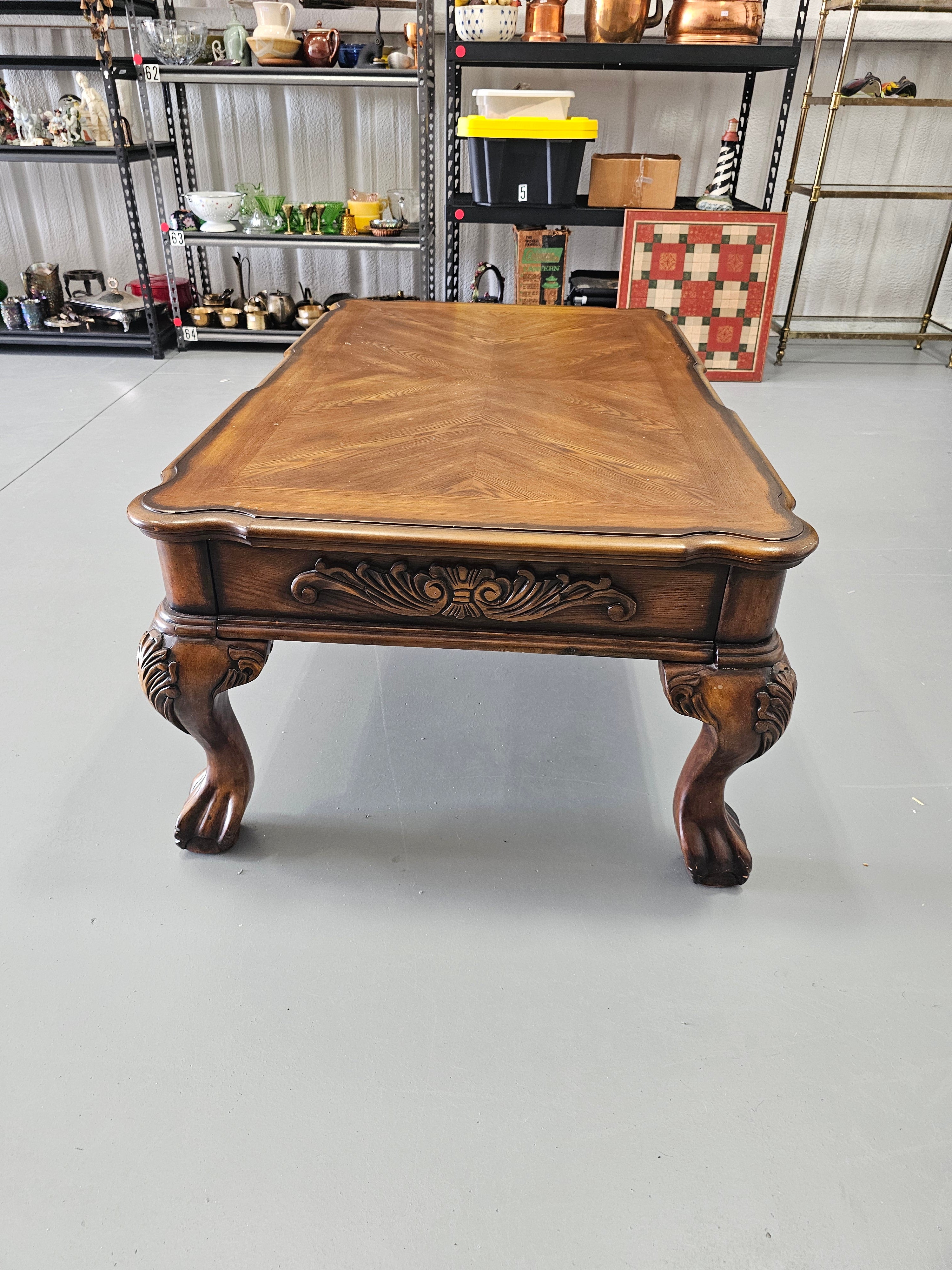 Traditional Carved Wood Coffee Table with Two Drawers & Claw Feet – 52"