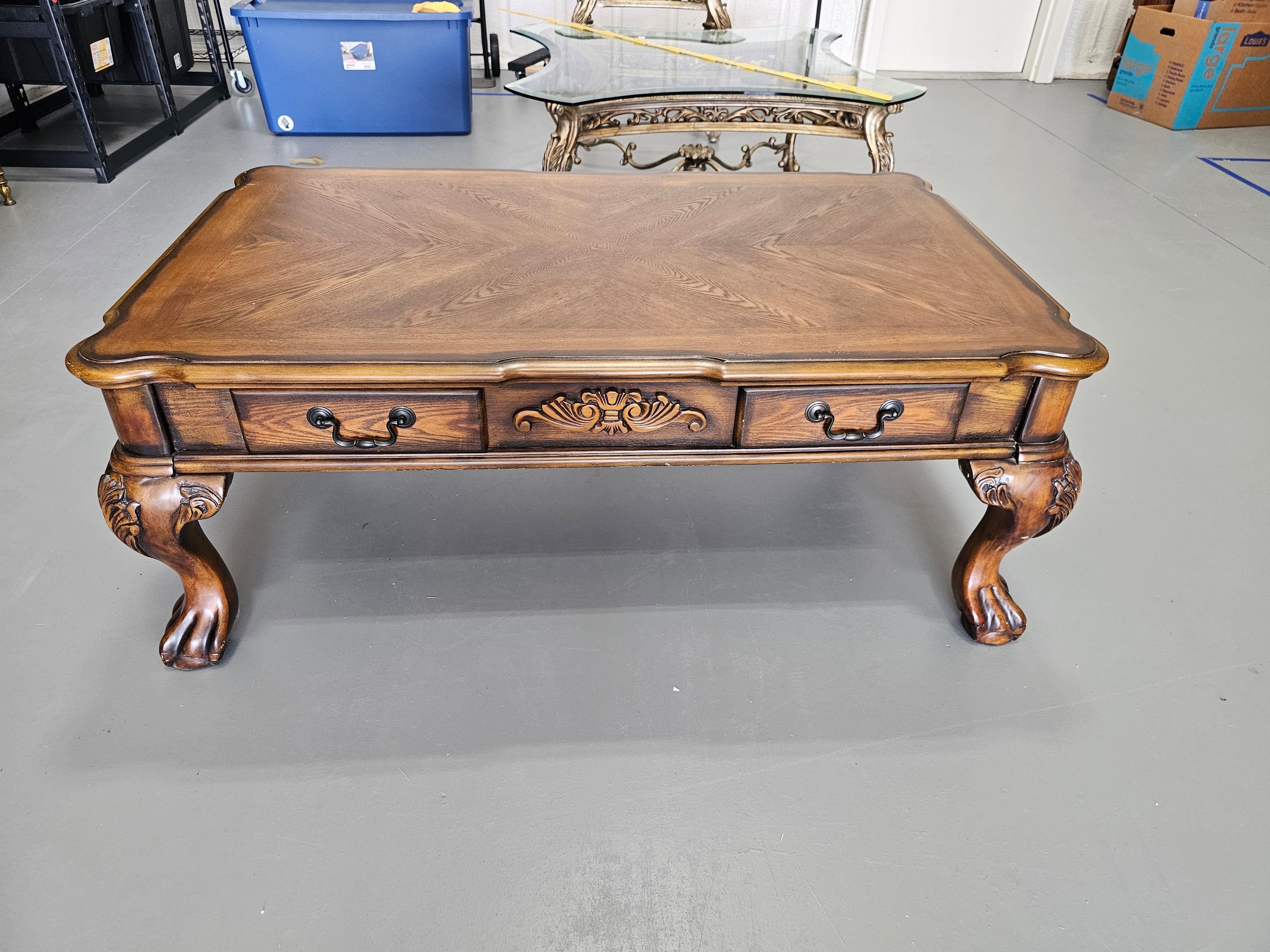 Traditional Carved Wood Coffee Table with Two Drawers & Claw Feet – 52"