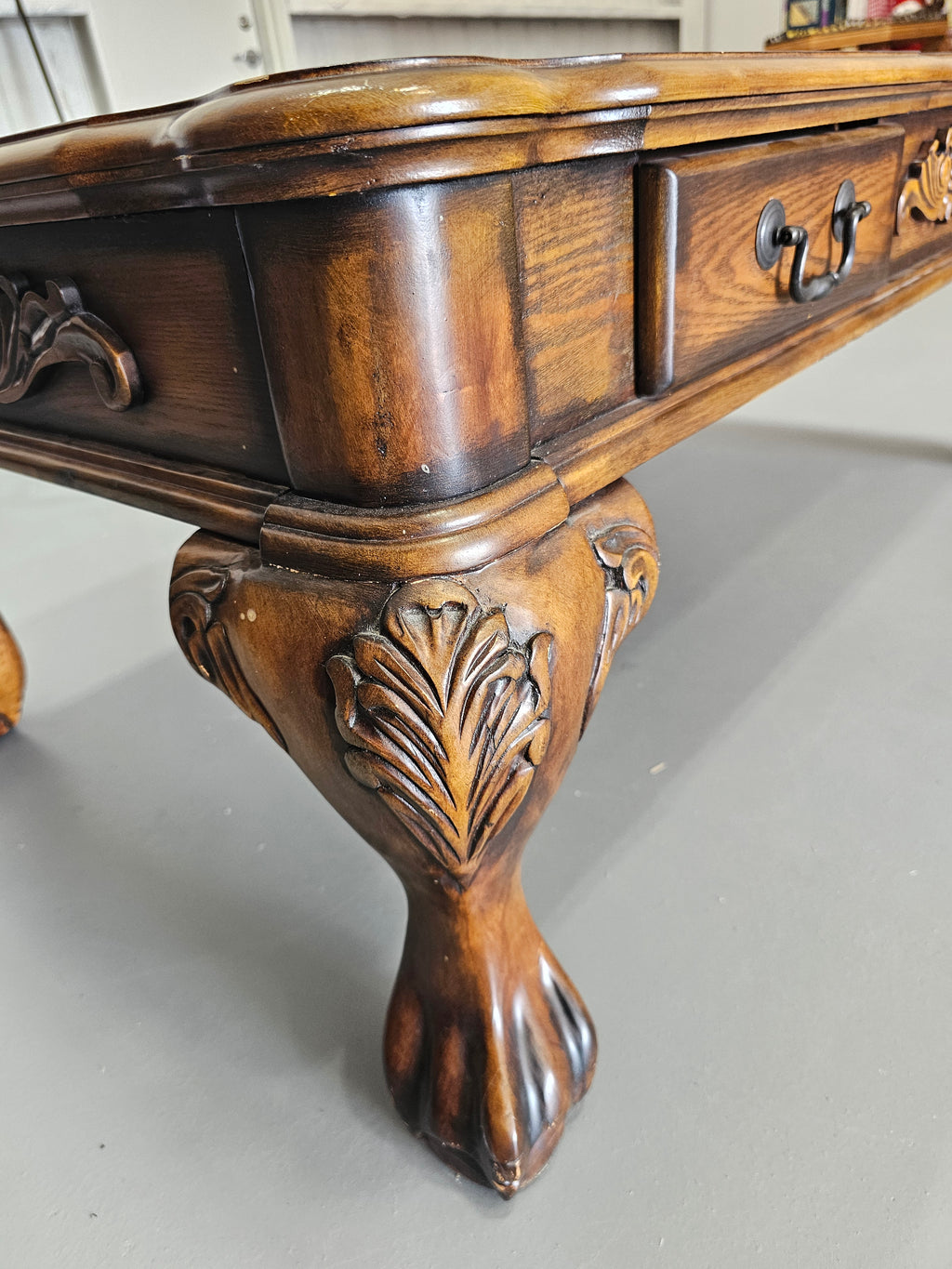 Traditional Carved Wood Coffee Table with Two Drawers & Claw Feet – 52"