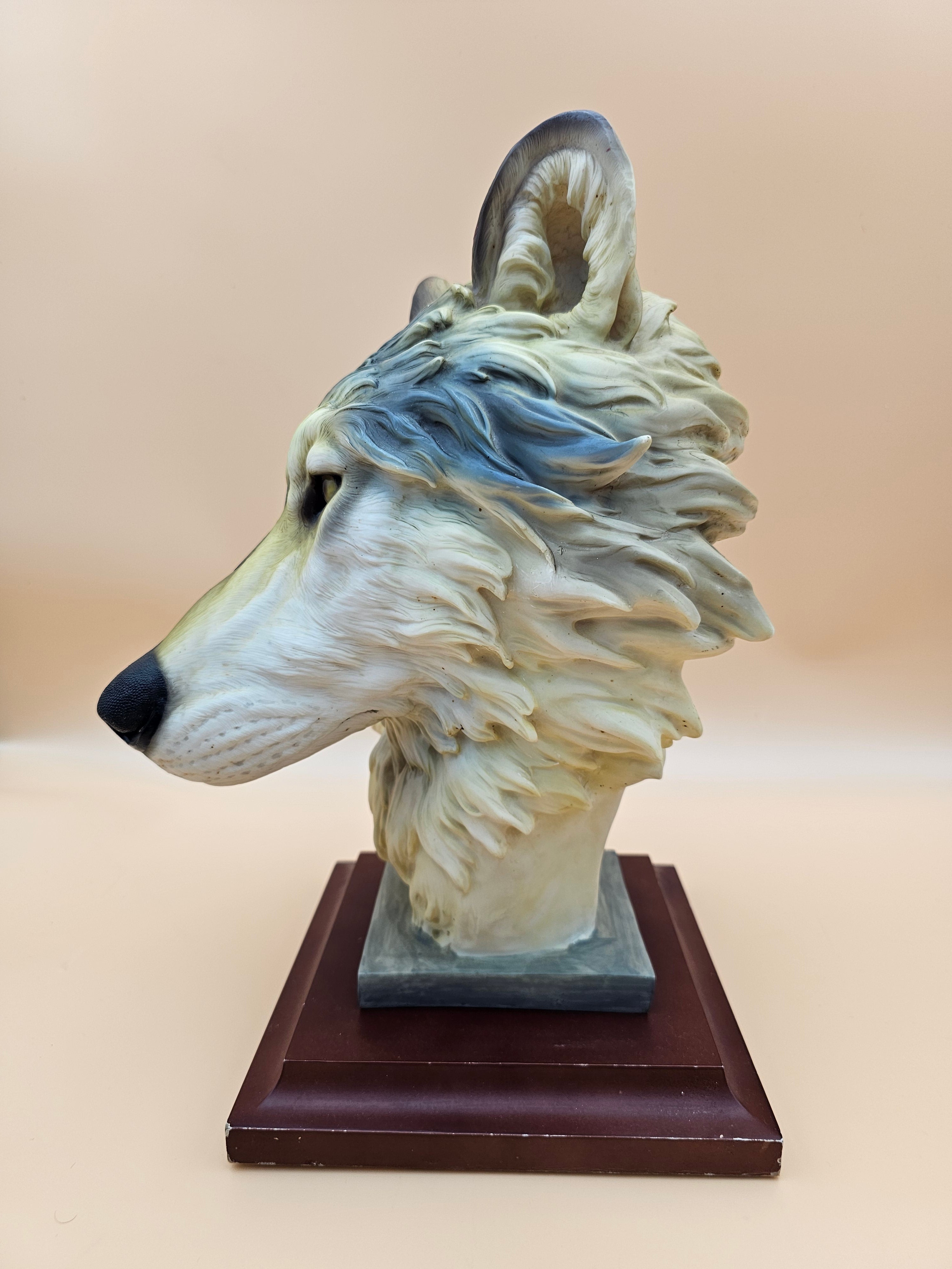 Gray & White Wolf Head Bust Sculpture on Wood Base – Approx. 13.5"