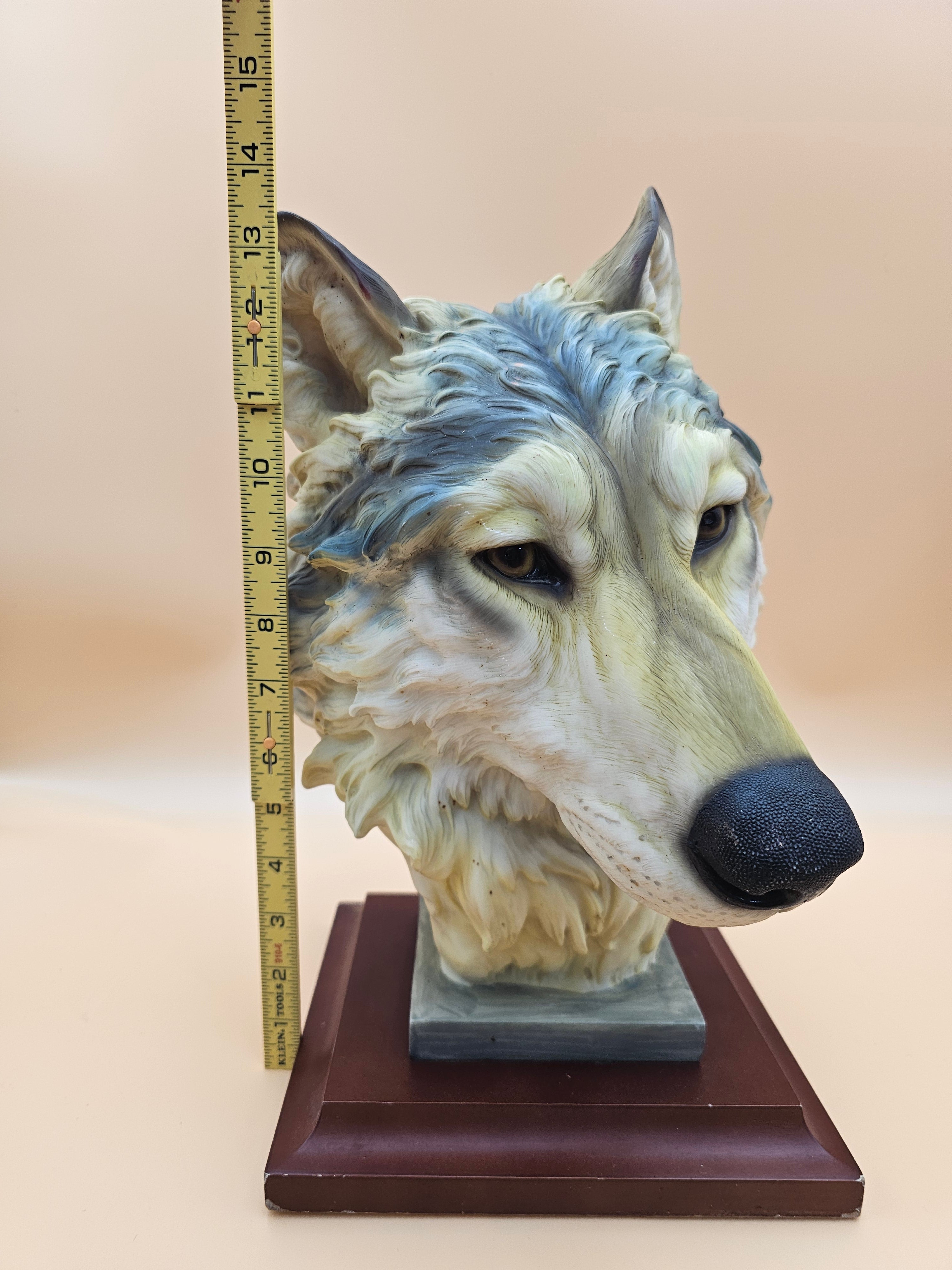 Gray & White Wolf Head Bust Sculpture on Wood Base – Approx. 13.5"