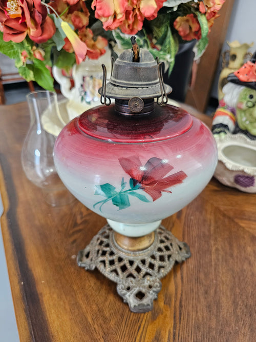 Antique Hand-Painted Floral Glass Kerosene Oil Lamp with Ornate Cast Metal Base & Chimney
