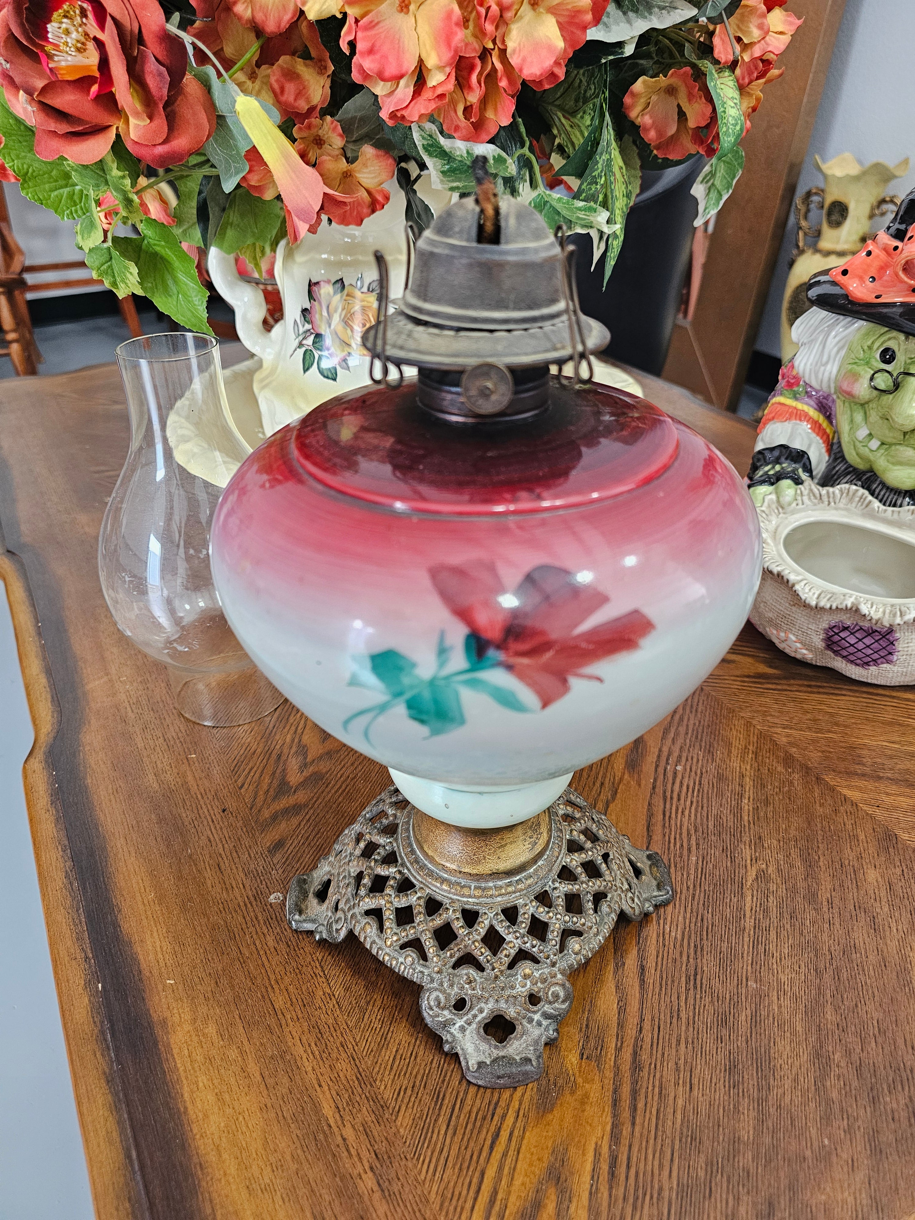 Antique Hand-Painted Floral Glass Kerosene Oil Lamp with Ornate Cast Metal Base & Chimney