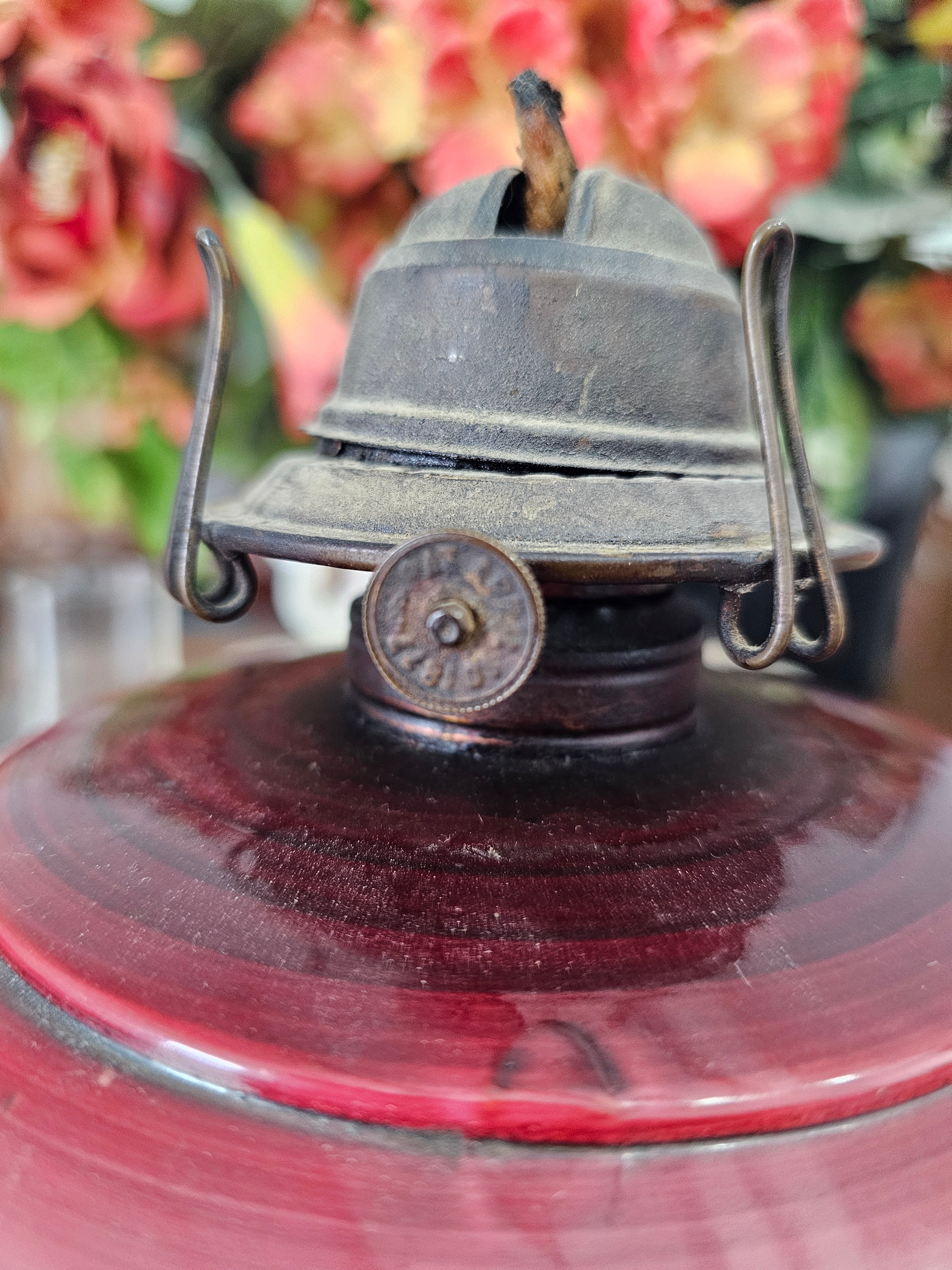 Antique Hand-Painted Floral Glass Kerosene Oil Lamp with Ornate Cast Metal Base & Chimney