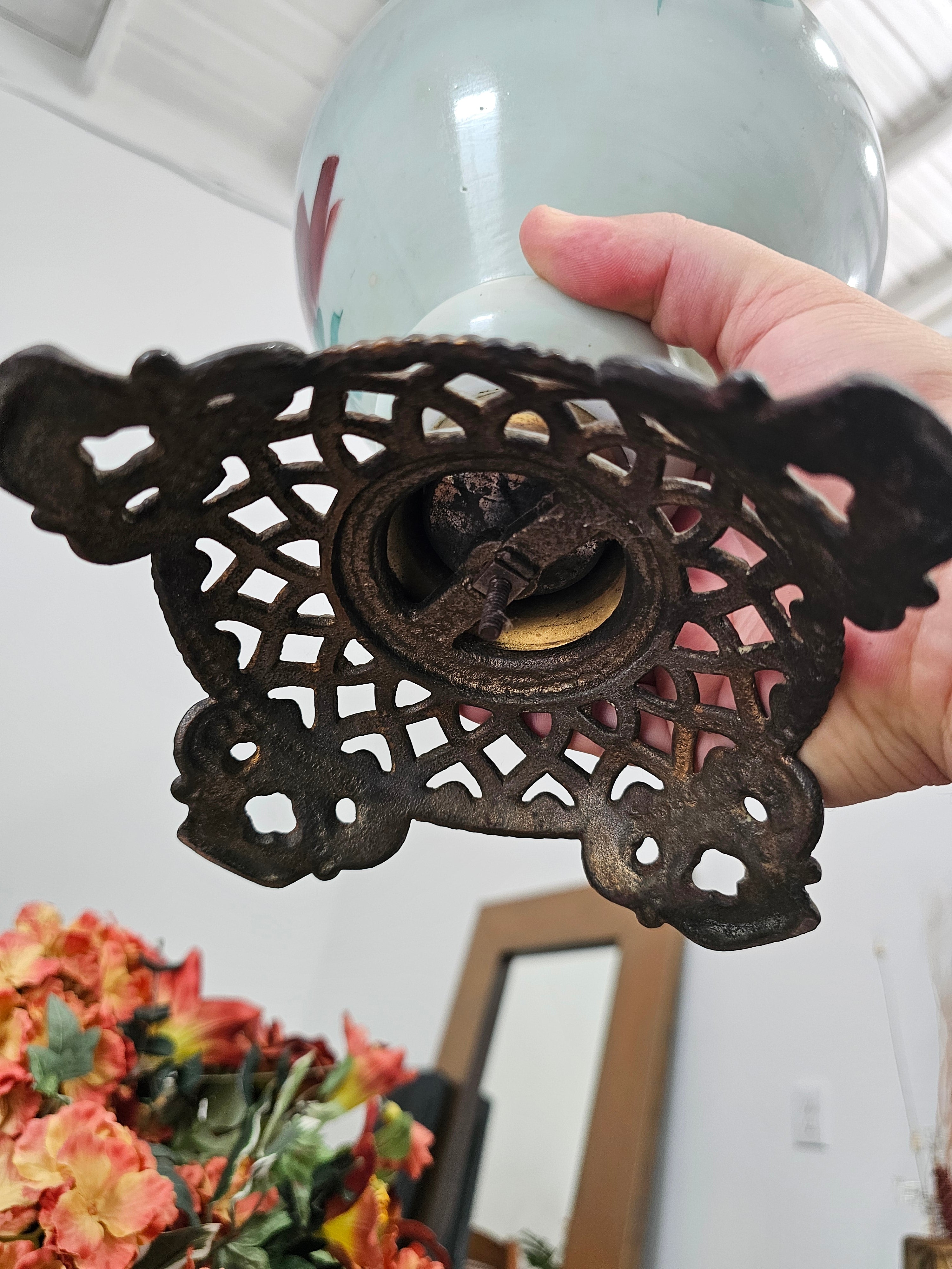Antique Hand-Painted Floral Glass Kerosene Oil Lamp with Ornate Cast Metal Base & Chimney