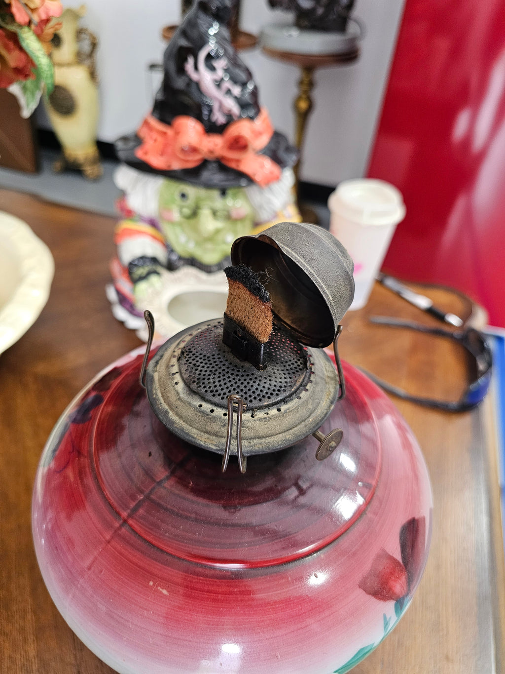 Antique Hand-Painted Floral Glass Kerosene Oil Lamp with Ornate Cast Metal Base & Chimney