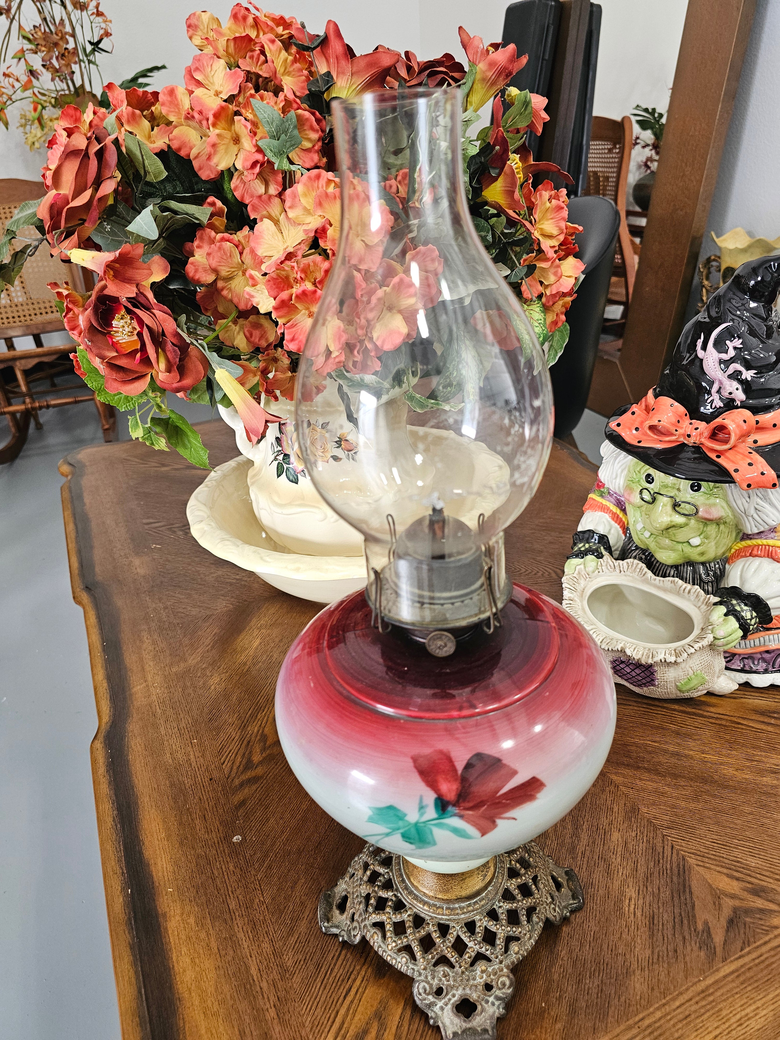 Antique Hand-Painted Floral Glass Kerosene Oil Lamp with Ornate Cast Metal Base & Chimney