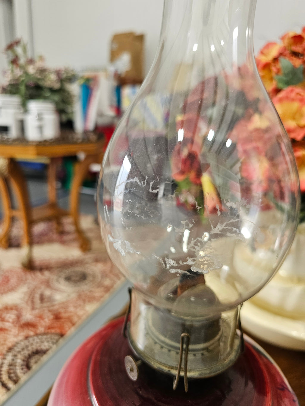 Antique Hand-Painted Floral Glass Kerosene Oil Lamp with Ornate Cast Metal Base & Chimney