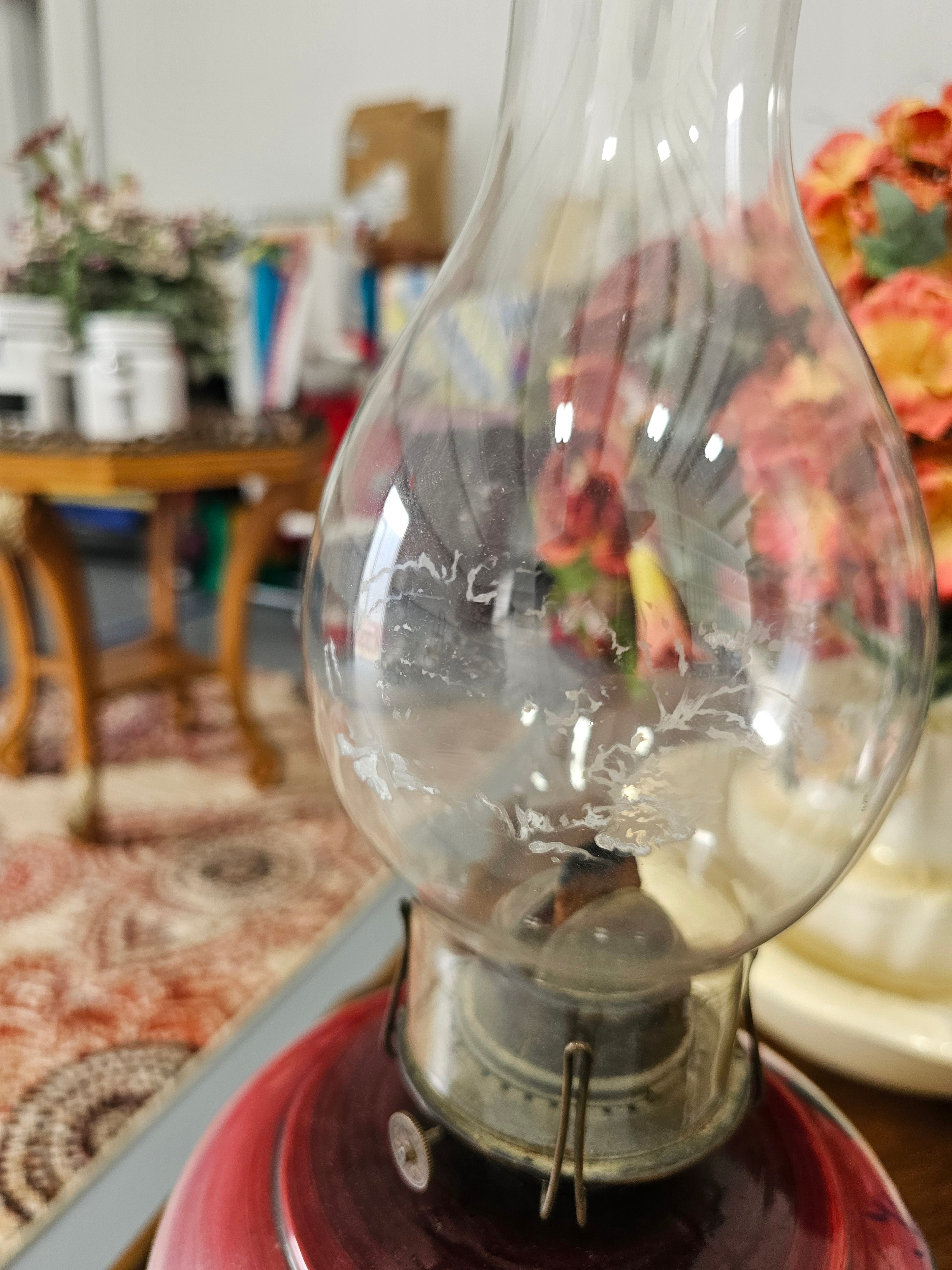 Antique Hand-Painted Floral Glass Kerosene Oil Lamp with Ornate Cast Metal Base & Chimney