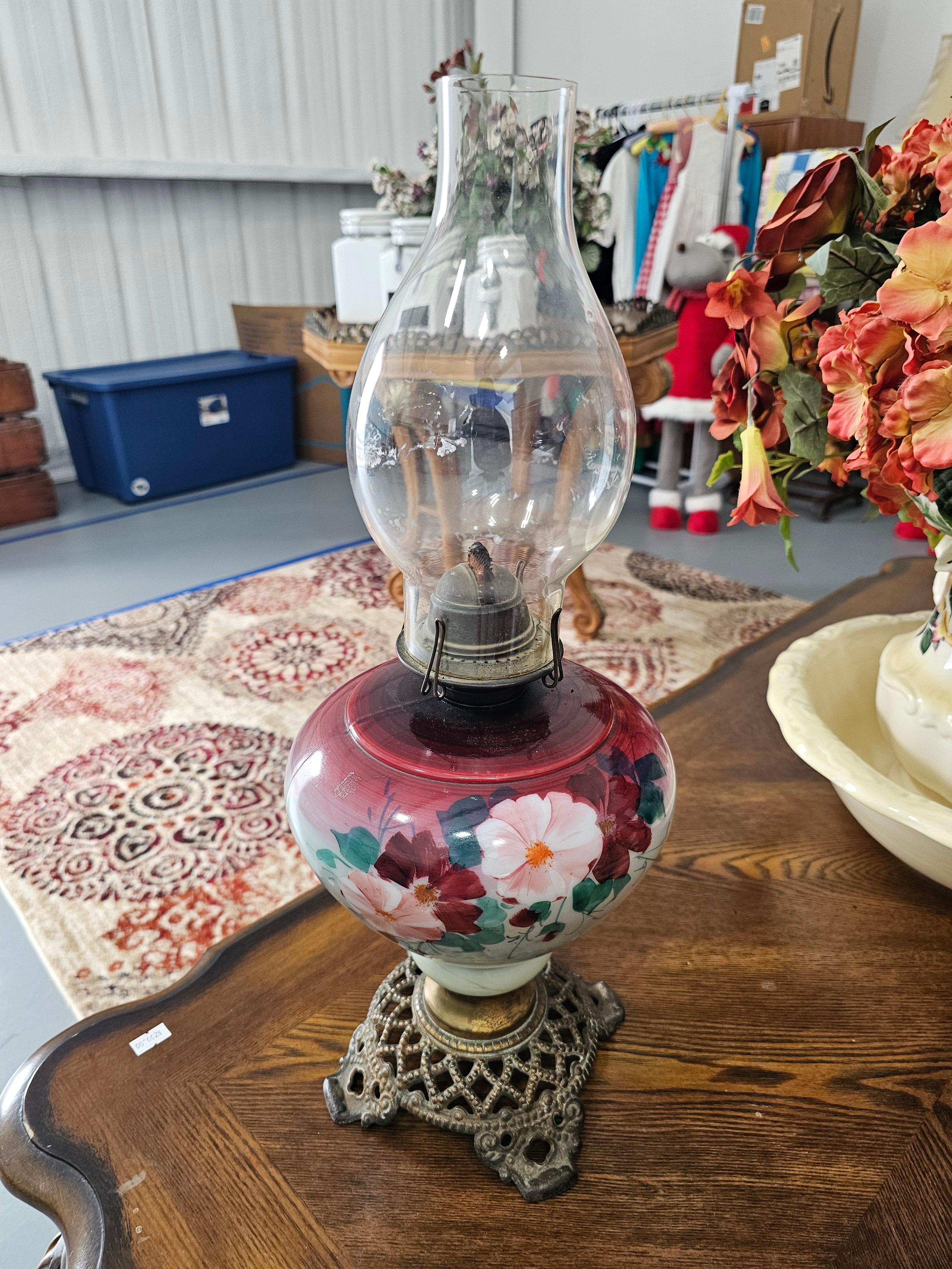 Antique Hand-Painted Floral Glass Kerosene Oil Lamp with Ornate Cast Metal Base & Chimney