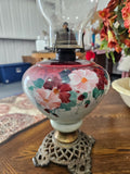 Antique Hand-Painted Floral Glass Kerosene Oil Lamp with Ornate Cast Metal Base & Chimney