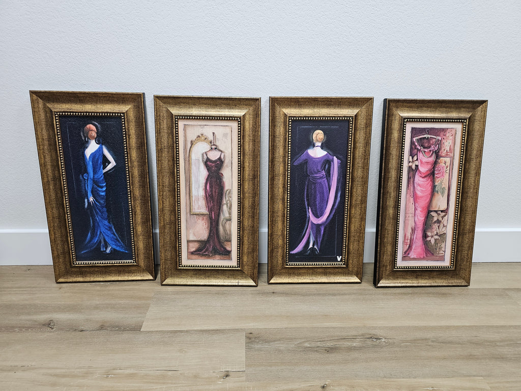 Set of 4 Framed Fashion Dress Wall Art Prints – Gold Tone Frames