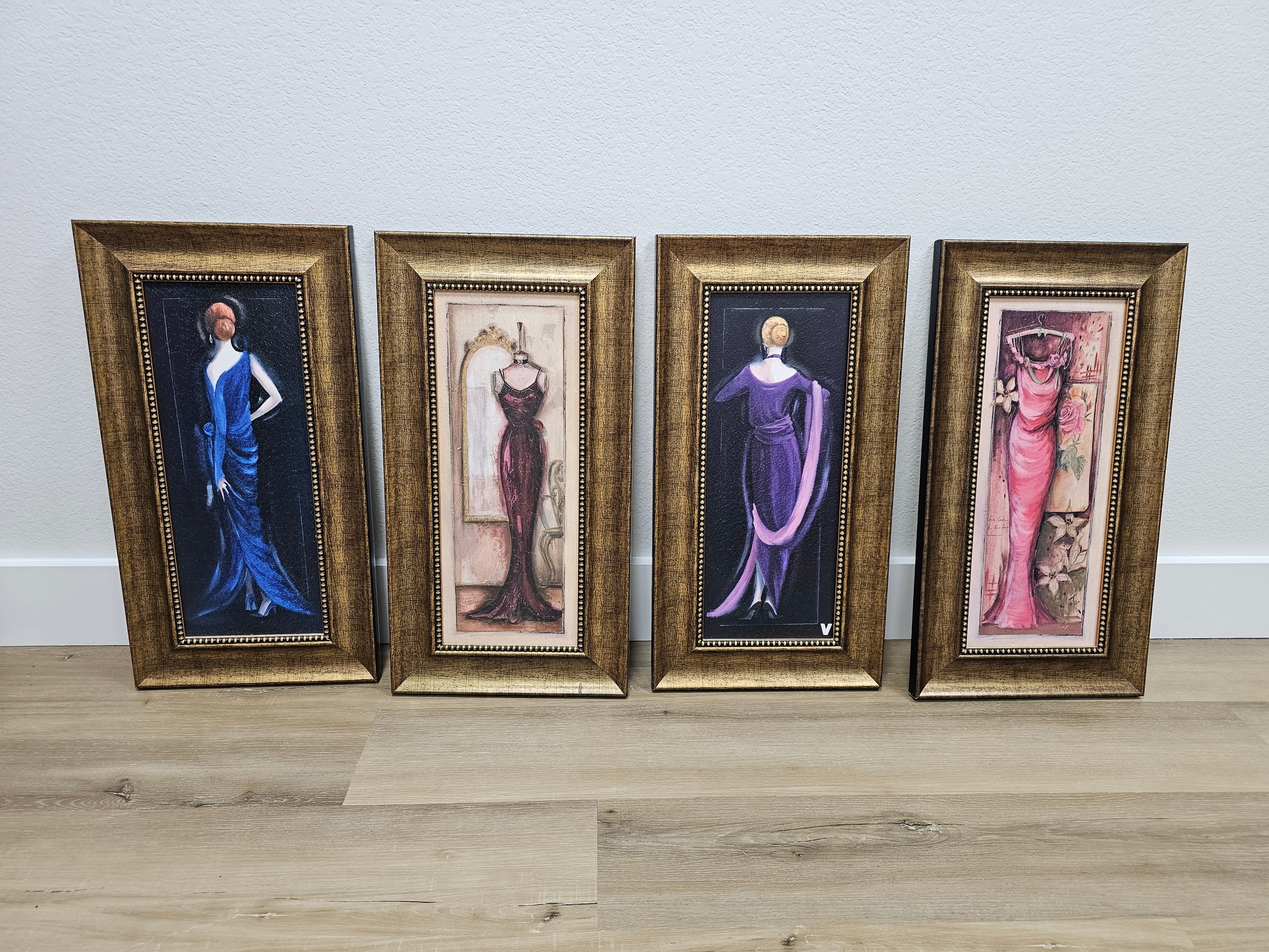 Set of 4 Framed Fashion Dress Wall Art Prints – Gold Tone Frames