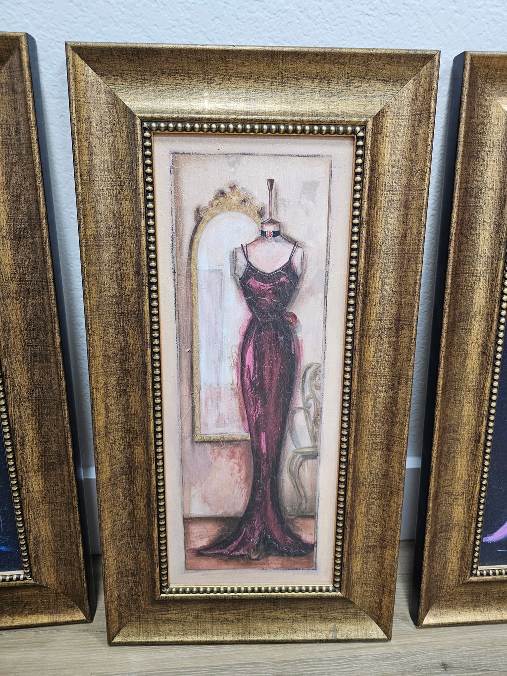 Set of 4 Framed Fashion Dress Wall Art Prints – Gold Tone Frames