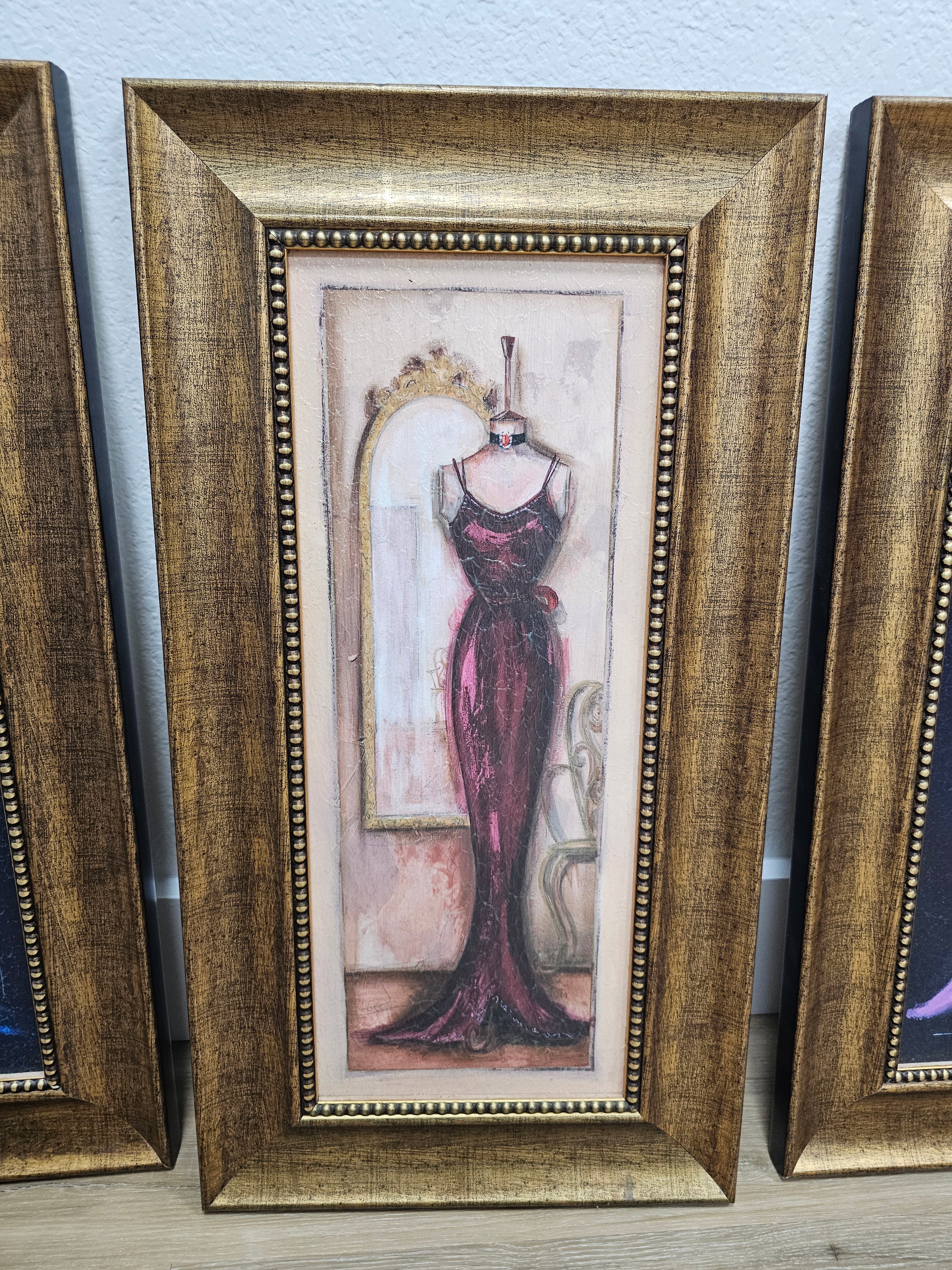 Set of 4 Framed Fashion Dress Wall Art Prints – Gold Tone Frames