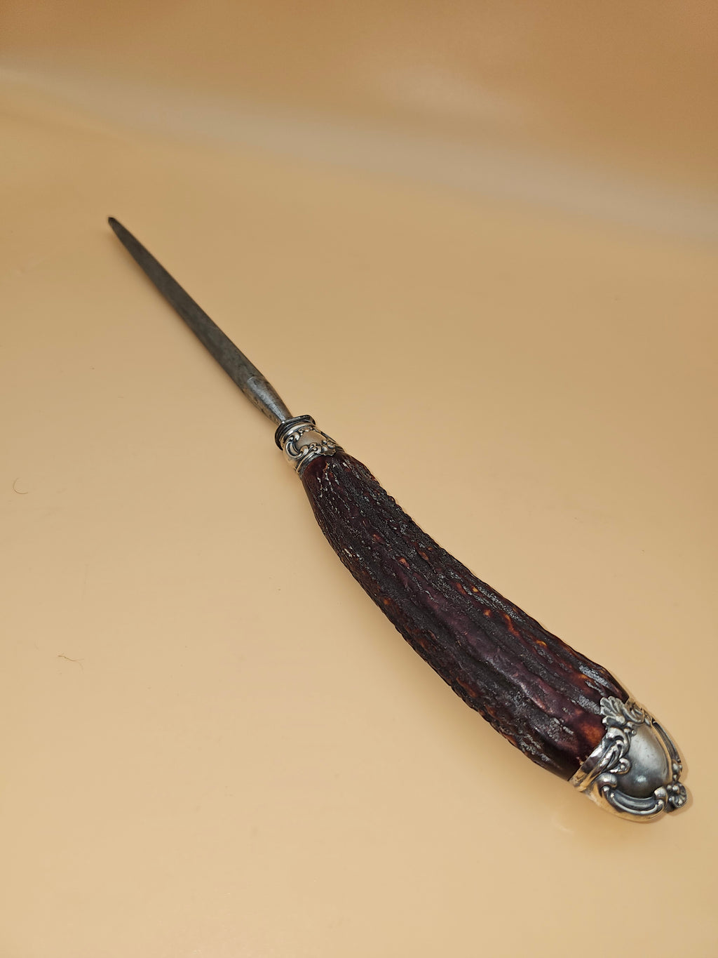Antique Lee’s 15.5" Honing Steel Stag Antler Handle Sterling Silver Mounts