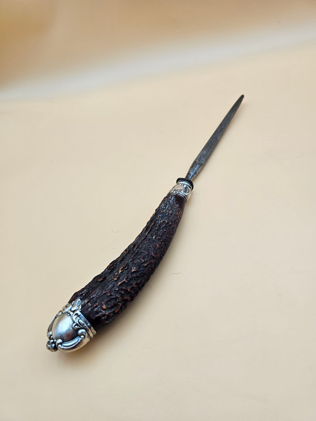 Antique Lee’s 15.5" Honing Steel Stag Antler Handle Sterling Silver Mounts