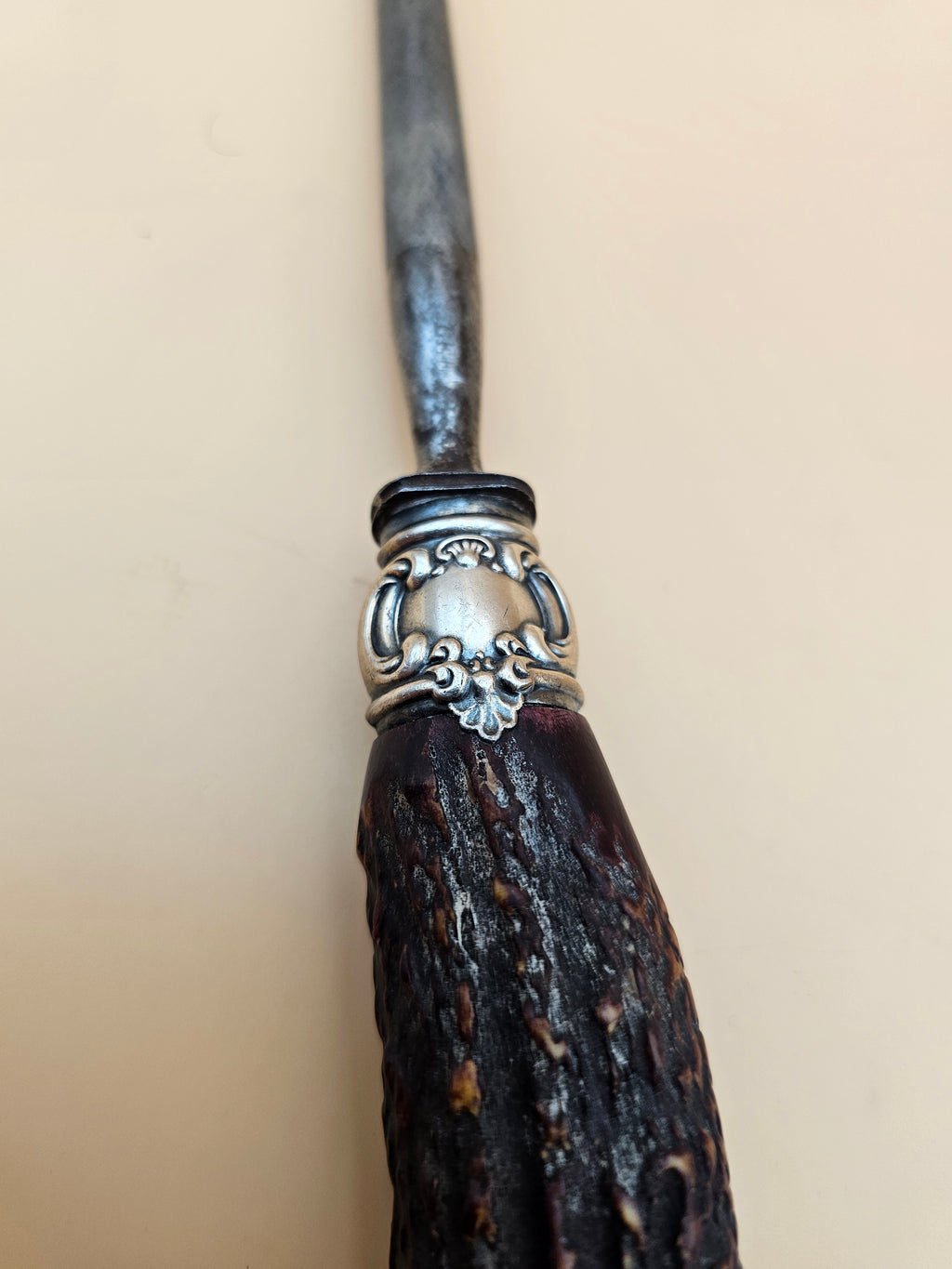Antique Lee’s 15.5" Honing Steel Stag Antler Handle Sterling Silver Mounts