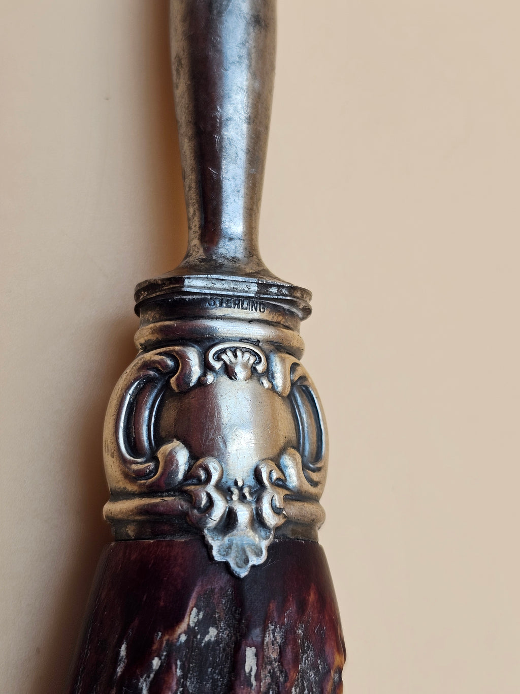 Antique Lee’s 15.5" Honing Steel Stag Antler Handle Sterling Silver Mounts