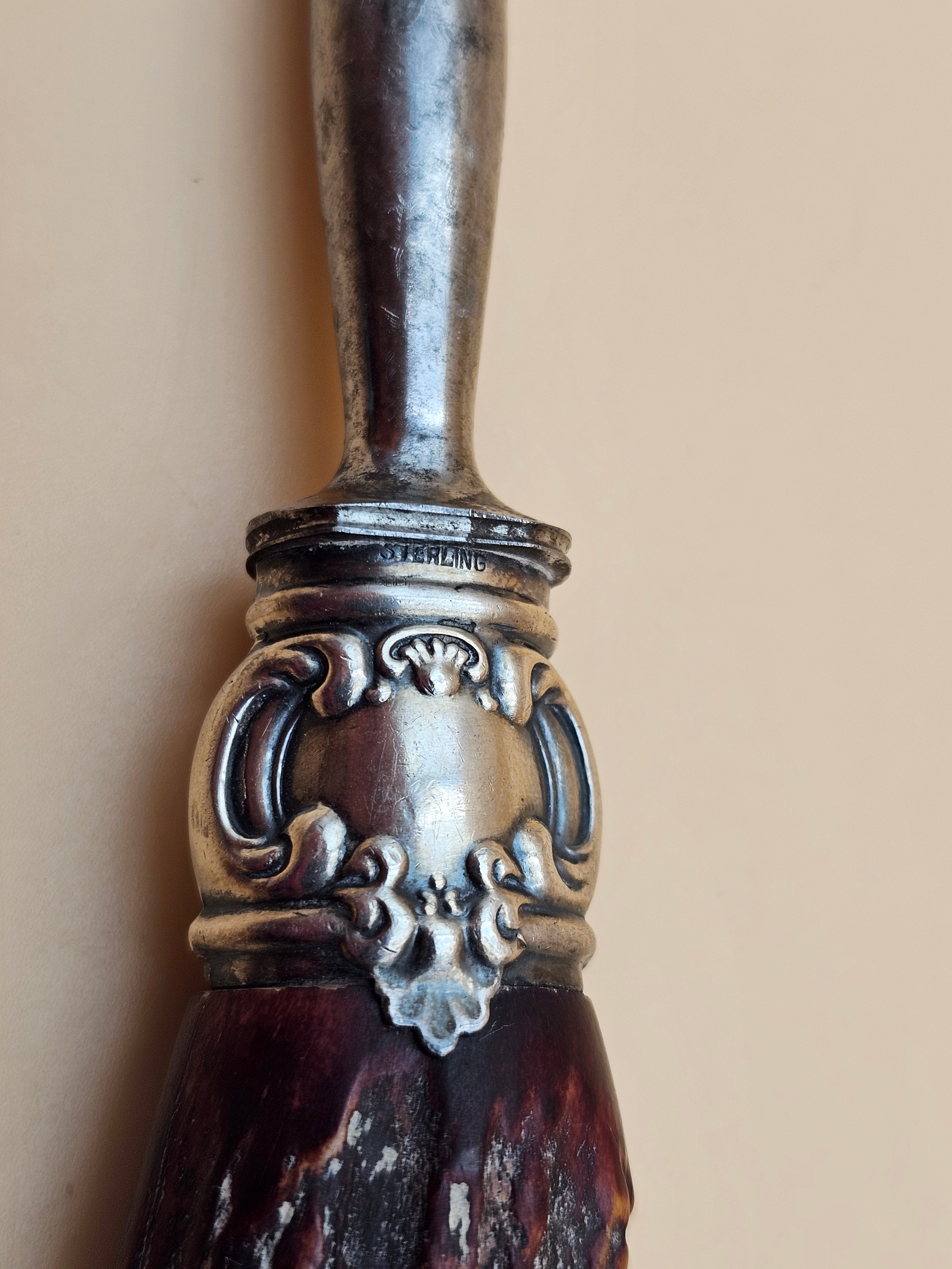Antique Lee’s 15.5" Honing Steel Stag Antler Handle Sterling Silver Mounts