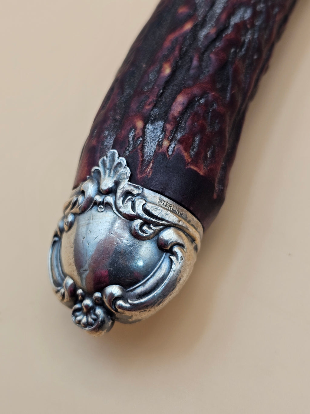 Antique Lee’s 15.5" Honing Steel Stag Antler Handle Sterling Silver Mounts