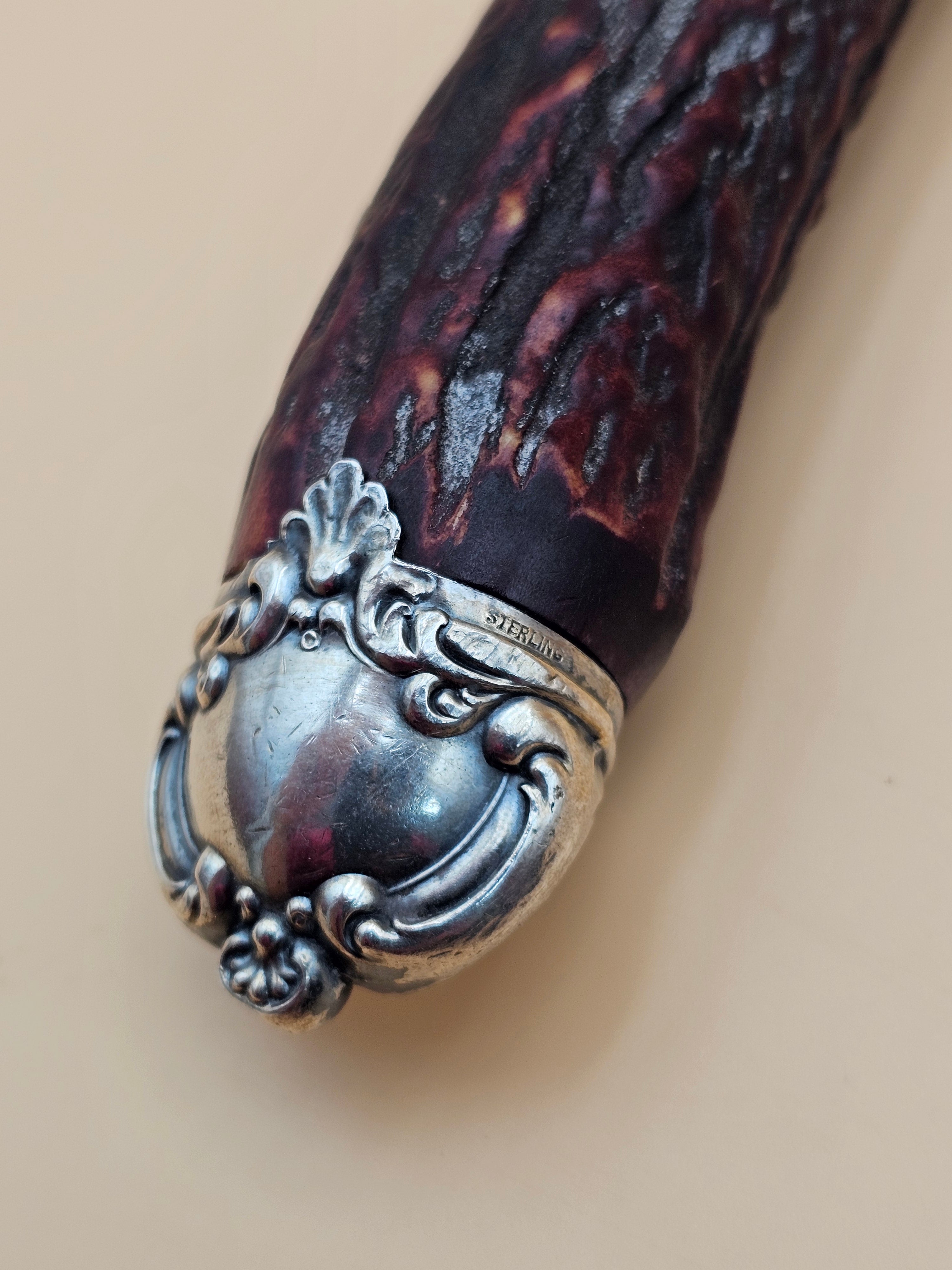 Antique Lee’s 15.5" Honing Steel Stag Antler Handle Sterling Silver Mounts