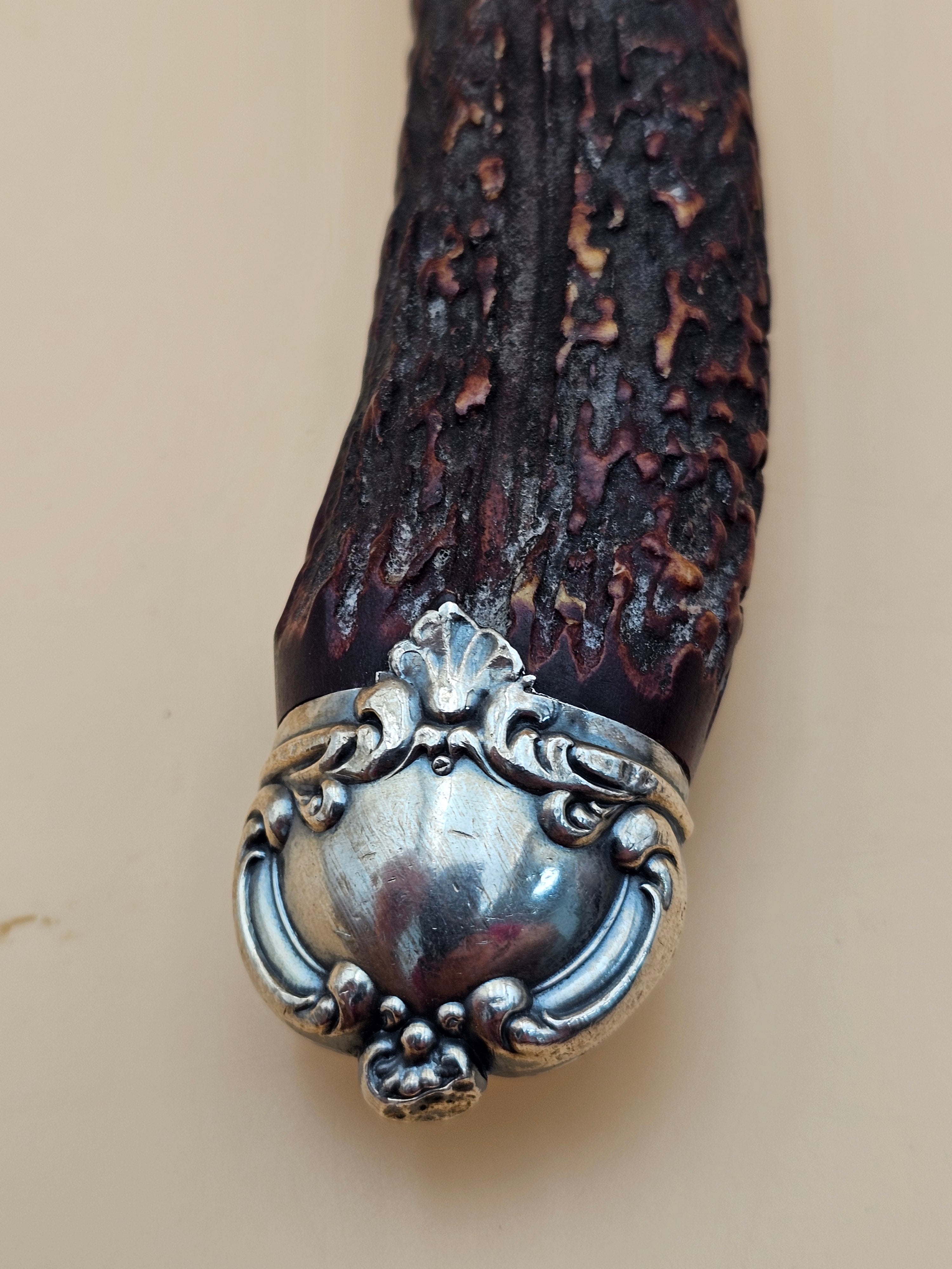 Antique Lee’s 15.5" Honing Steel Stag Antler Handle Sterling Silver Mounts