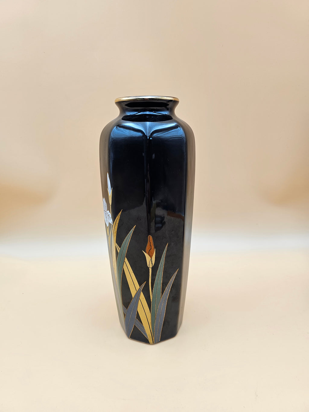 Vintage Otagiri Japan Black Iris Ceramic Vase with Gold Trim – 10.75"