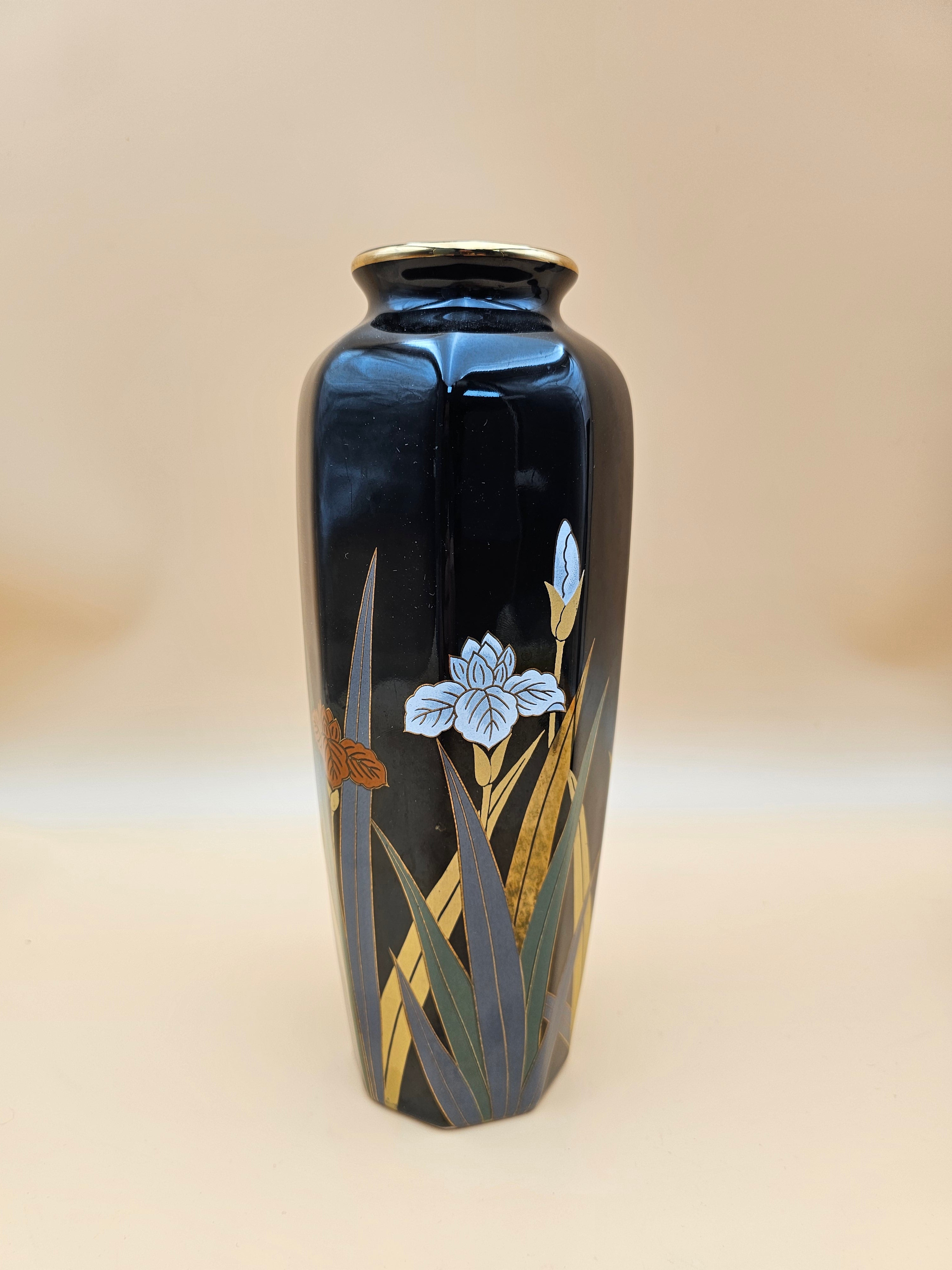 Vintage Otagiri Japan Black Iris Ceramic Vase with Gold Trim – 10.75"