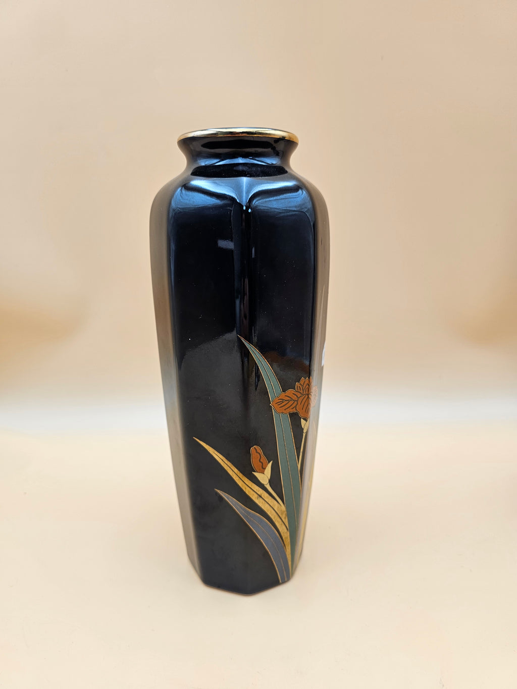 Vintage Otagiri Japan Black Iris Ceramic Vase with Gold Trim – 10.75"