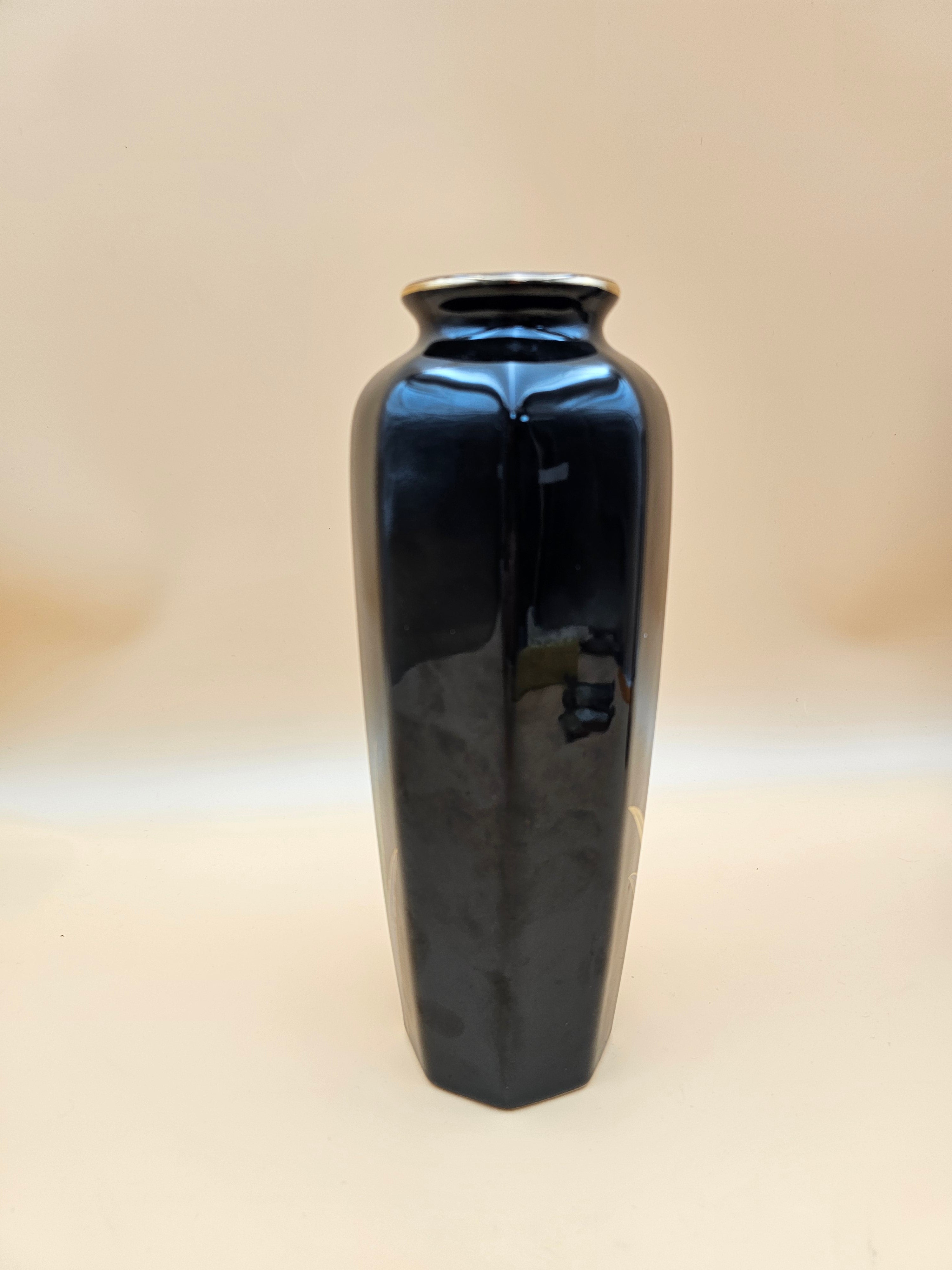 Vintage Otagiri Japan Black Iris Ceramic Vase with Gold Trim – 10.75"