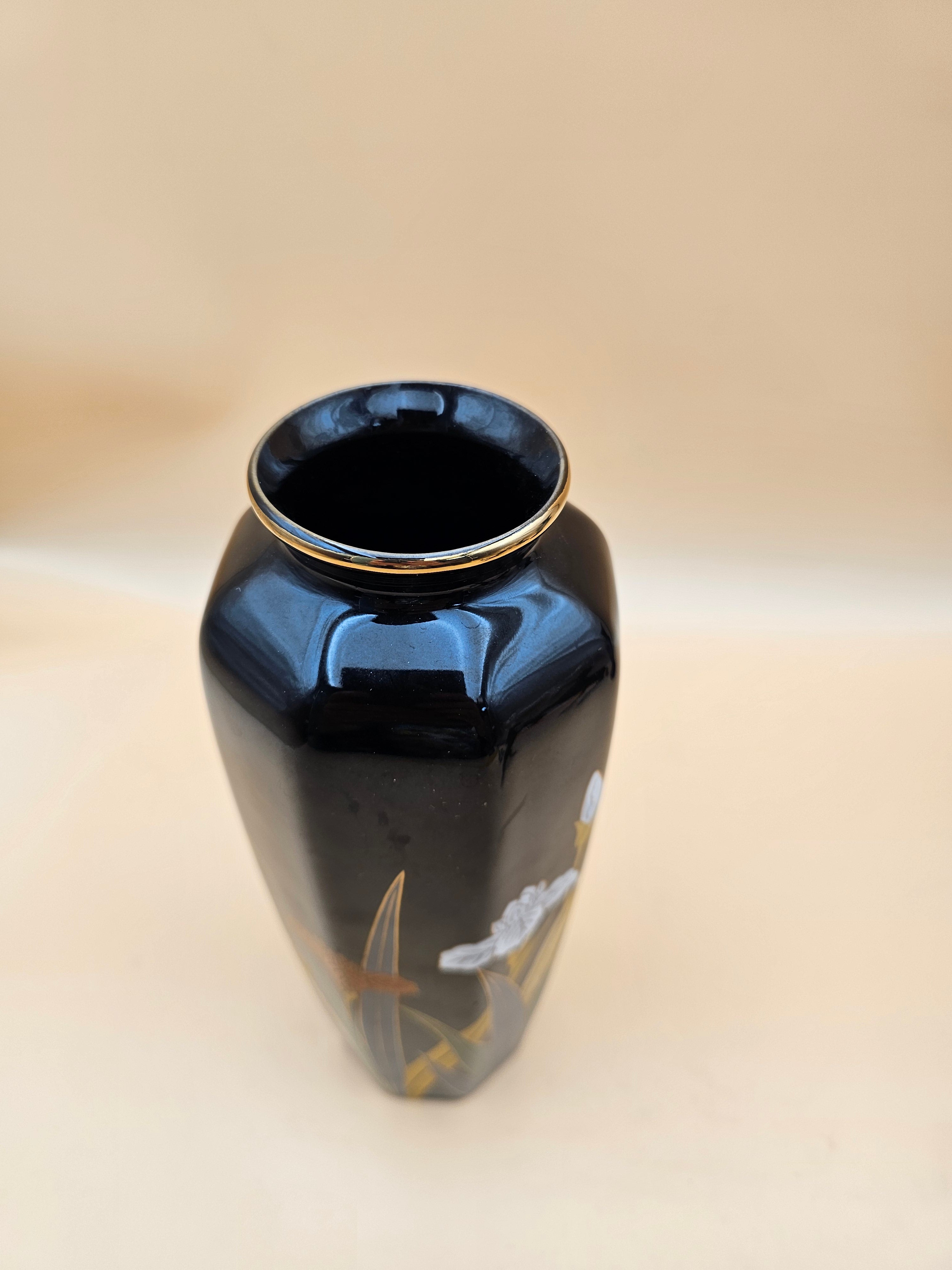 Vintage Otagiri Japan Black Iris Ceramic Vase with Gold Trim – 10.75"