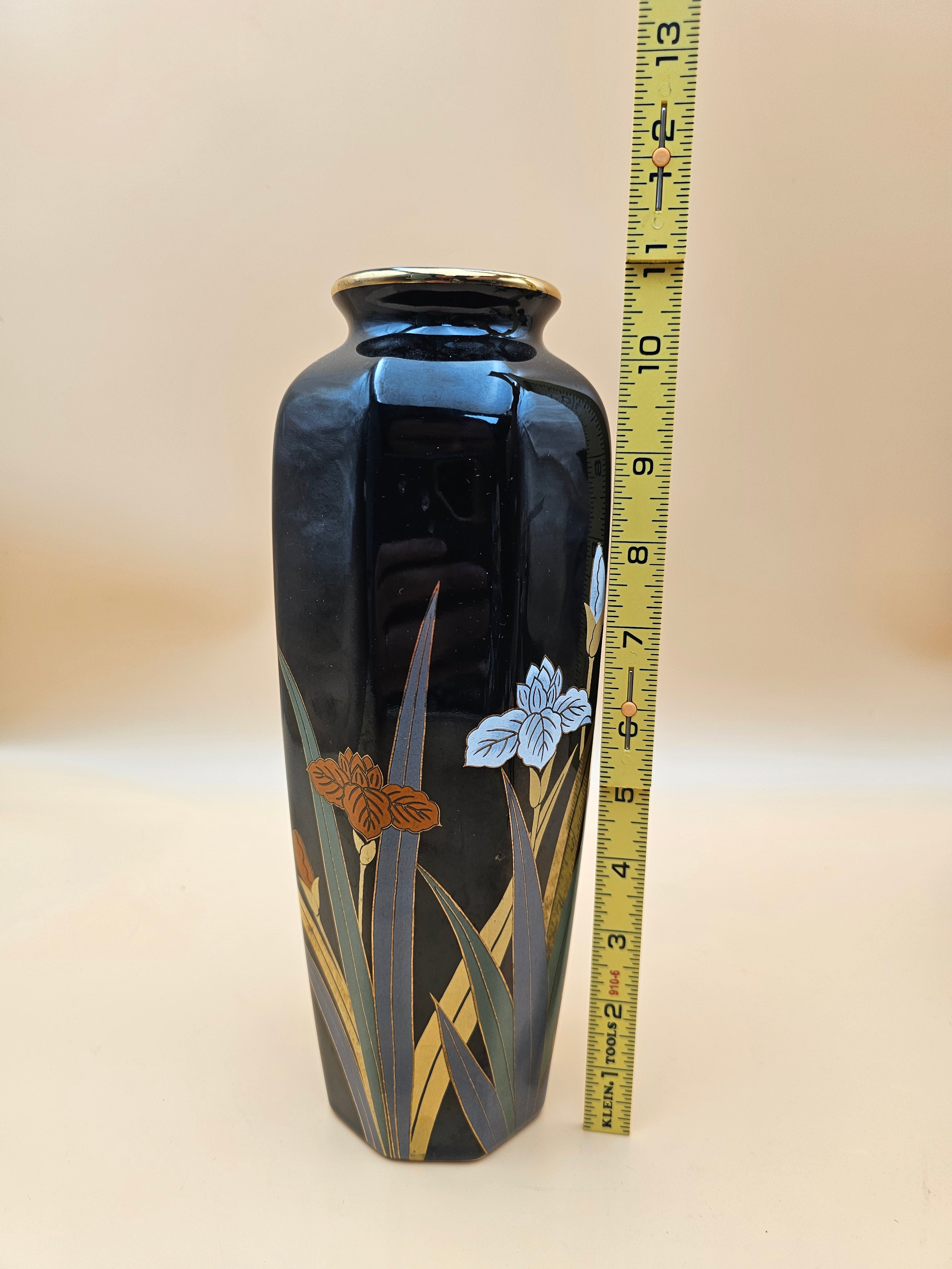 Vintage Otagiri Japan Black Iris Ceramic Vase with Gold Trim – 10.75"