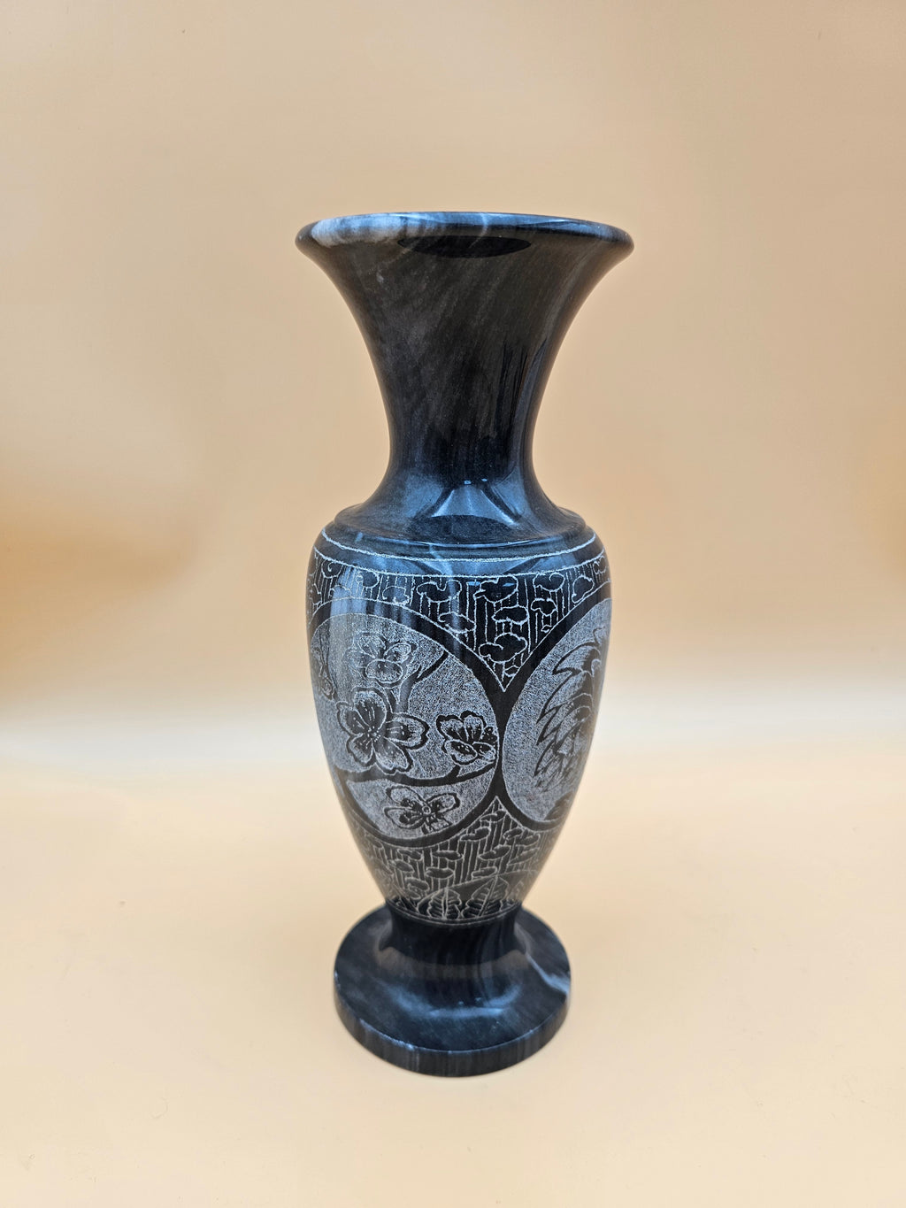 Black Marble Etched Floral Pedestal Vase – 10.25"