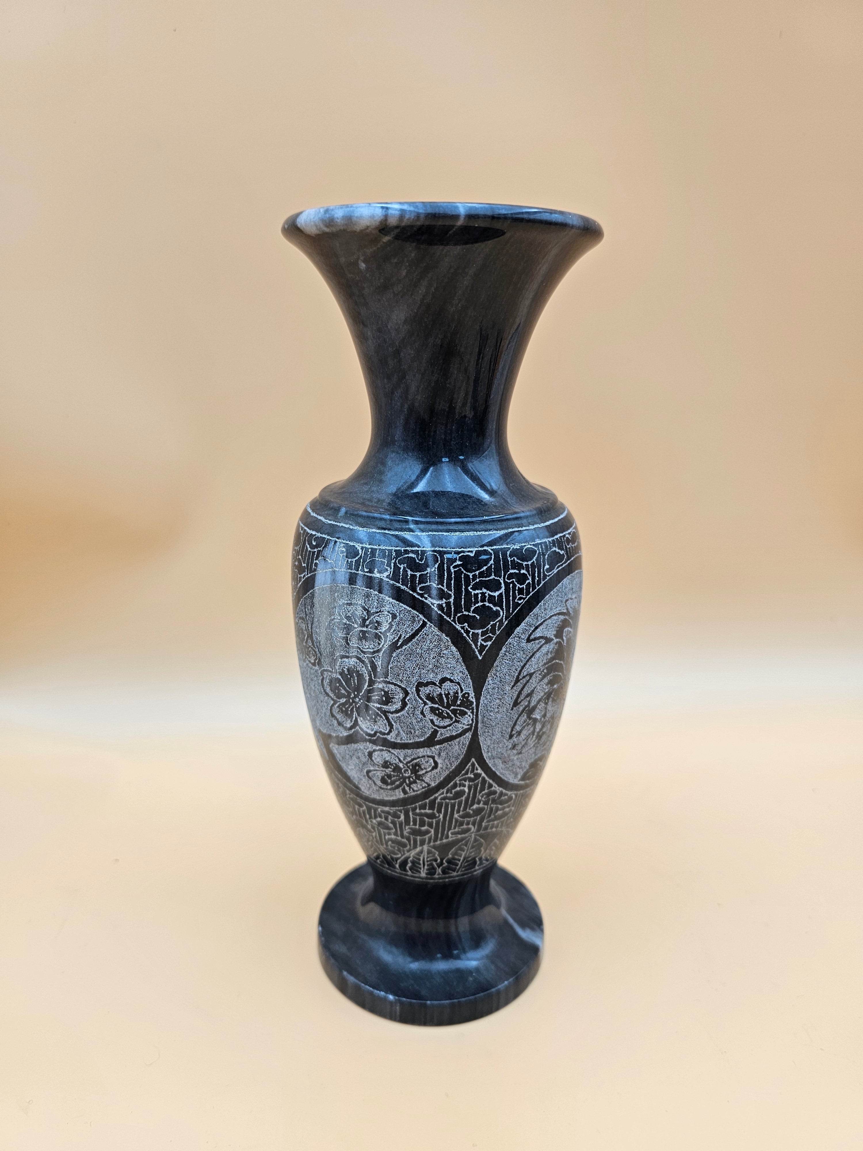 Black Marble Etched Floral Pedestal Vase – 10.25"