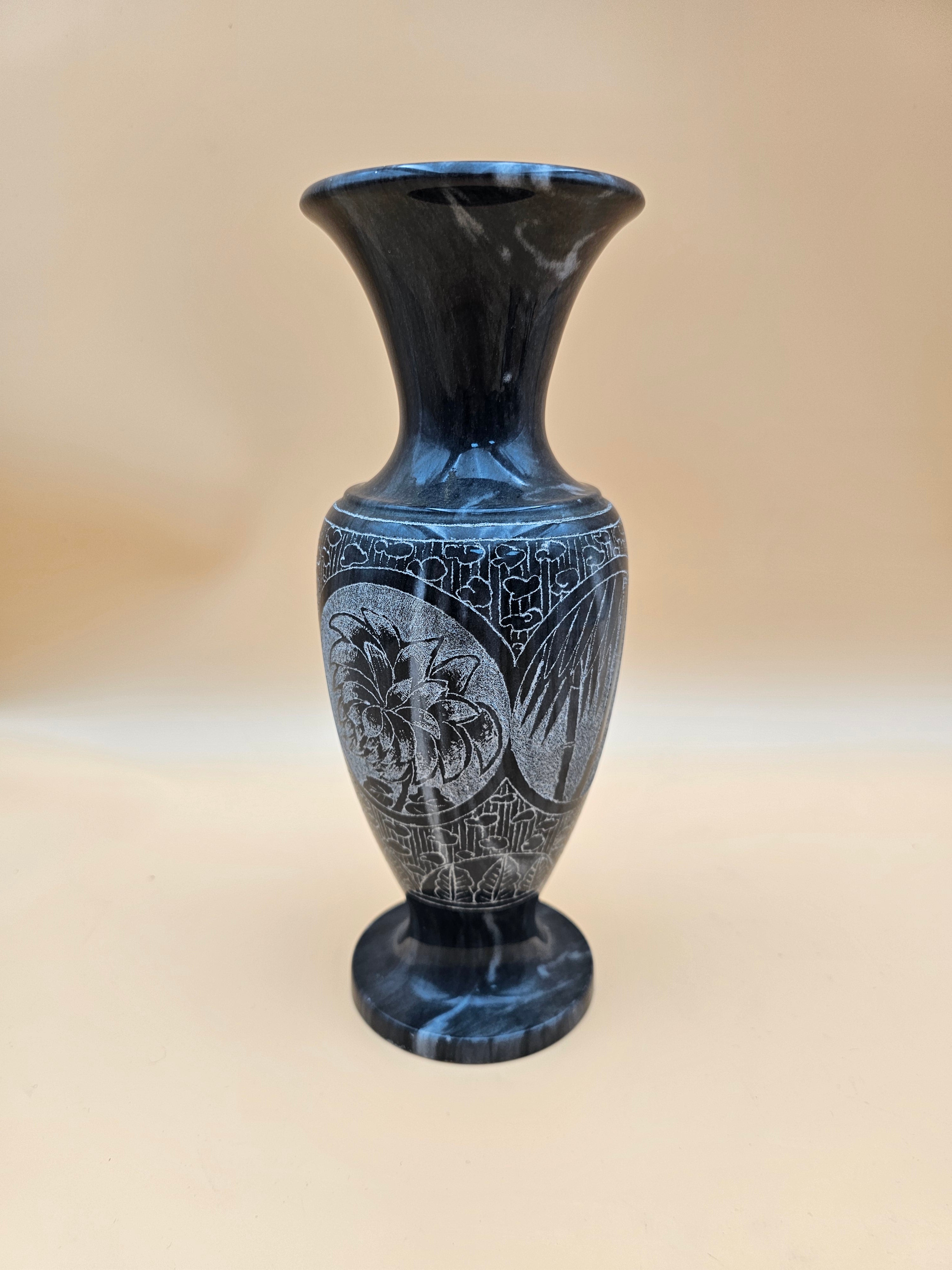 Black Marble Etched Floral Pedestal Vase – 10.25"