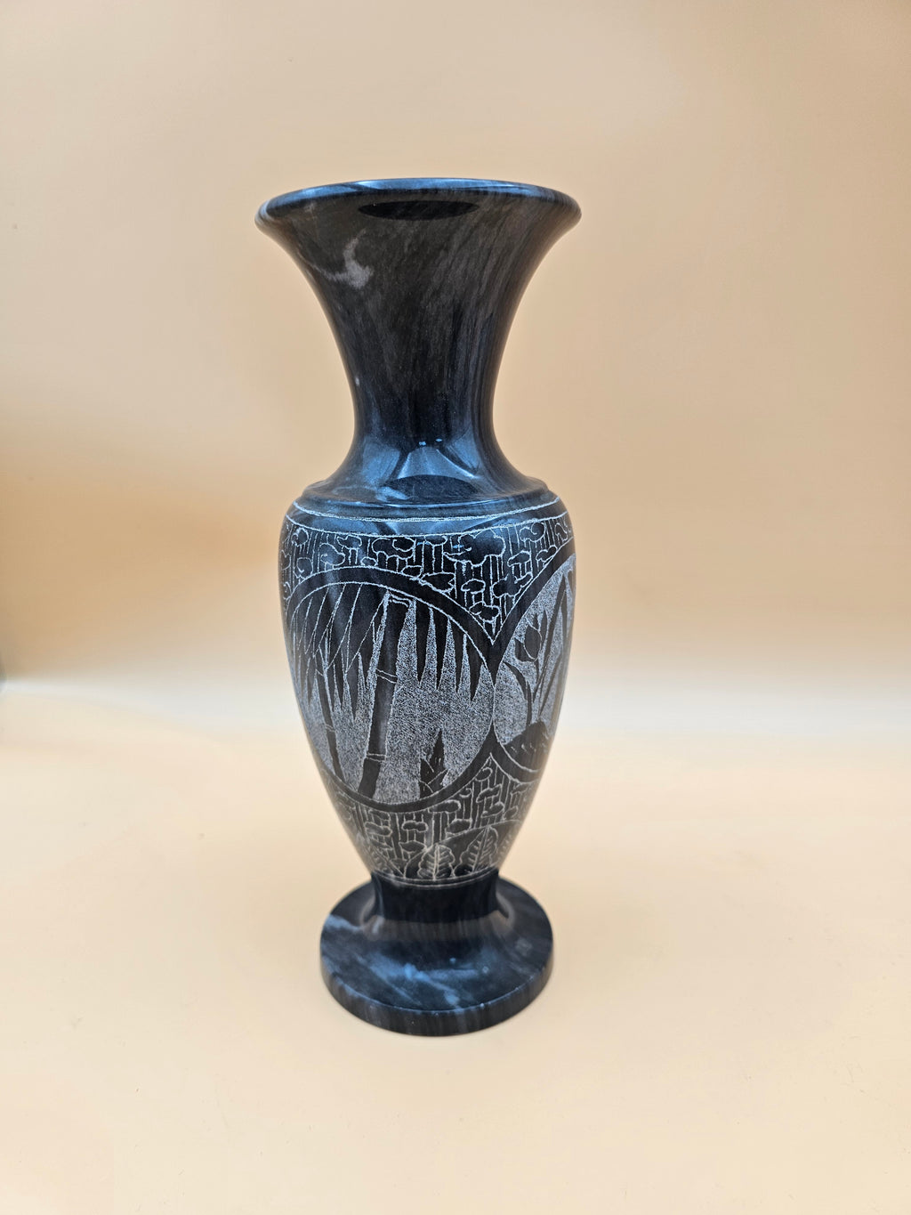 Black Marble Etched Floral Pedestal Vase – 10.25"