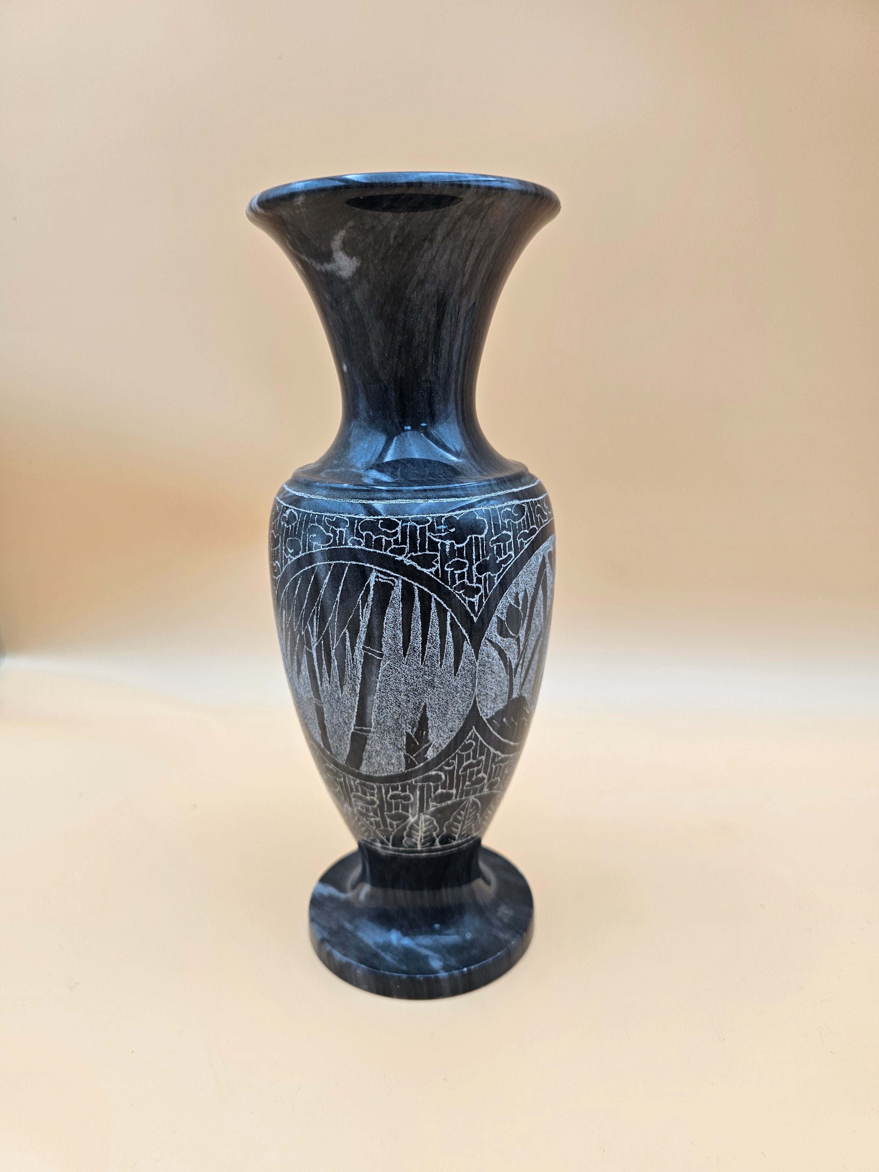 Black Marble Etched Floral Pedestal Vase – 10.25"