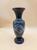 Black Marble Etched Floral Pedestal Vase – 10.25"