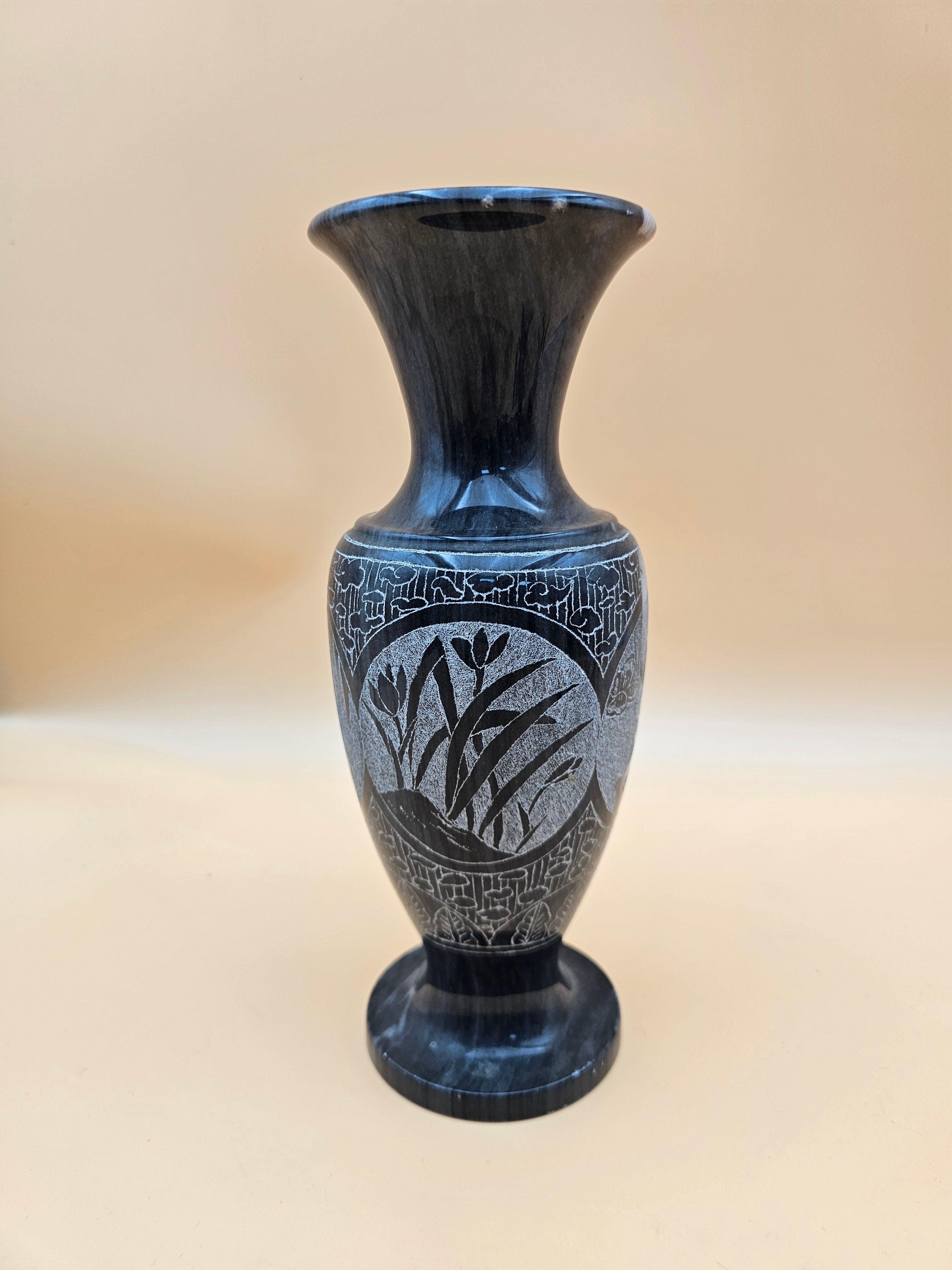 Black Marble Etched Floral Pedestal Vase – 10.25"