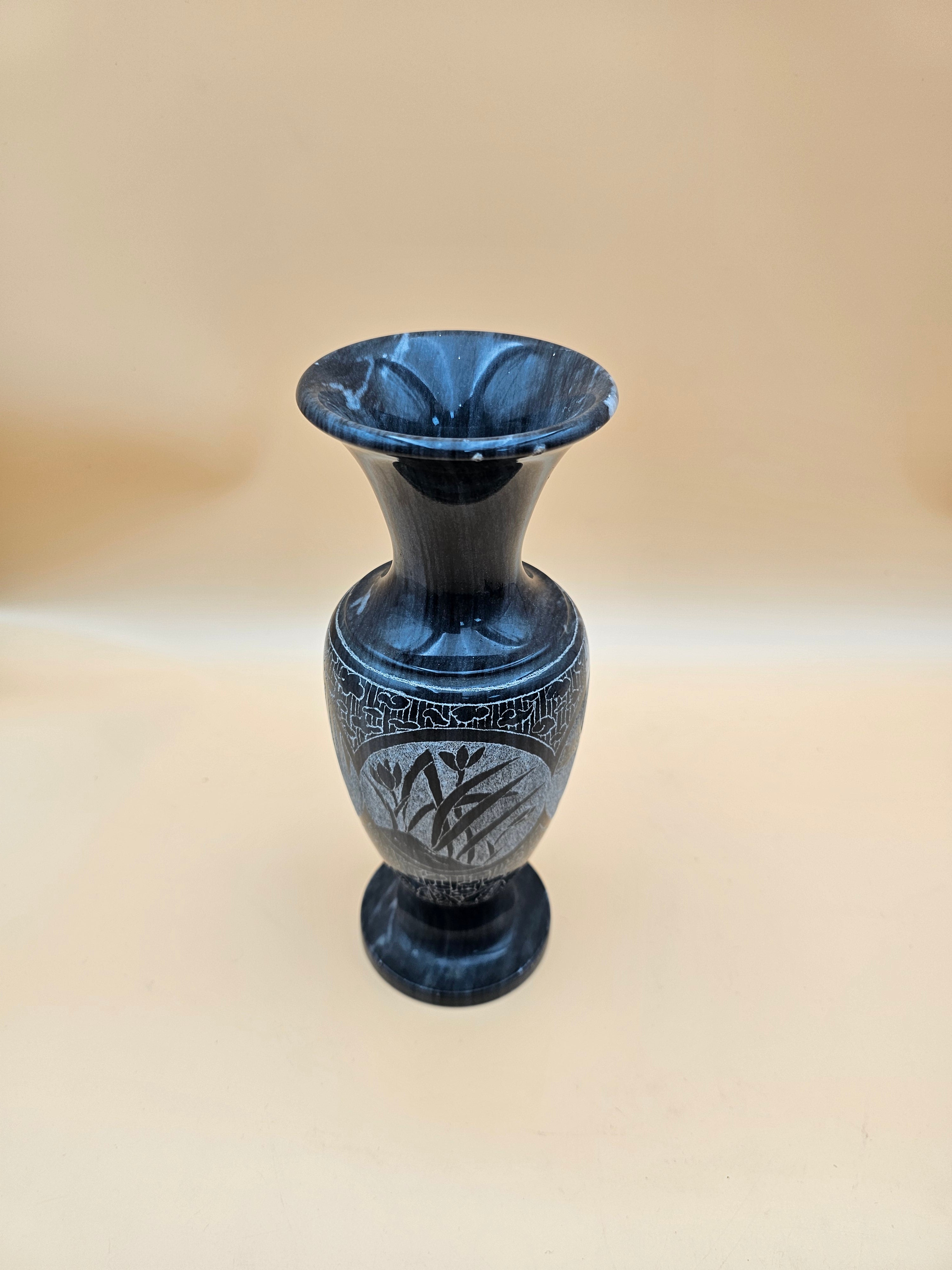 Black Marble Etched Floral Pedestal Vase – 10.25"