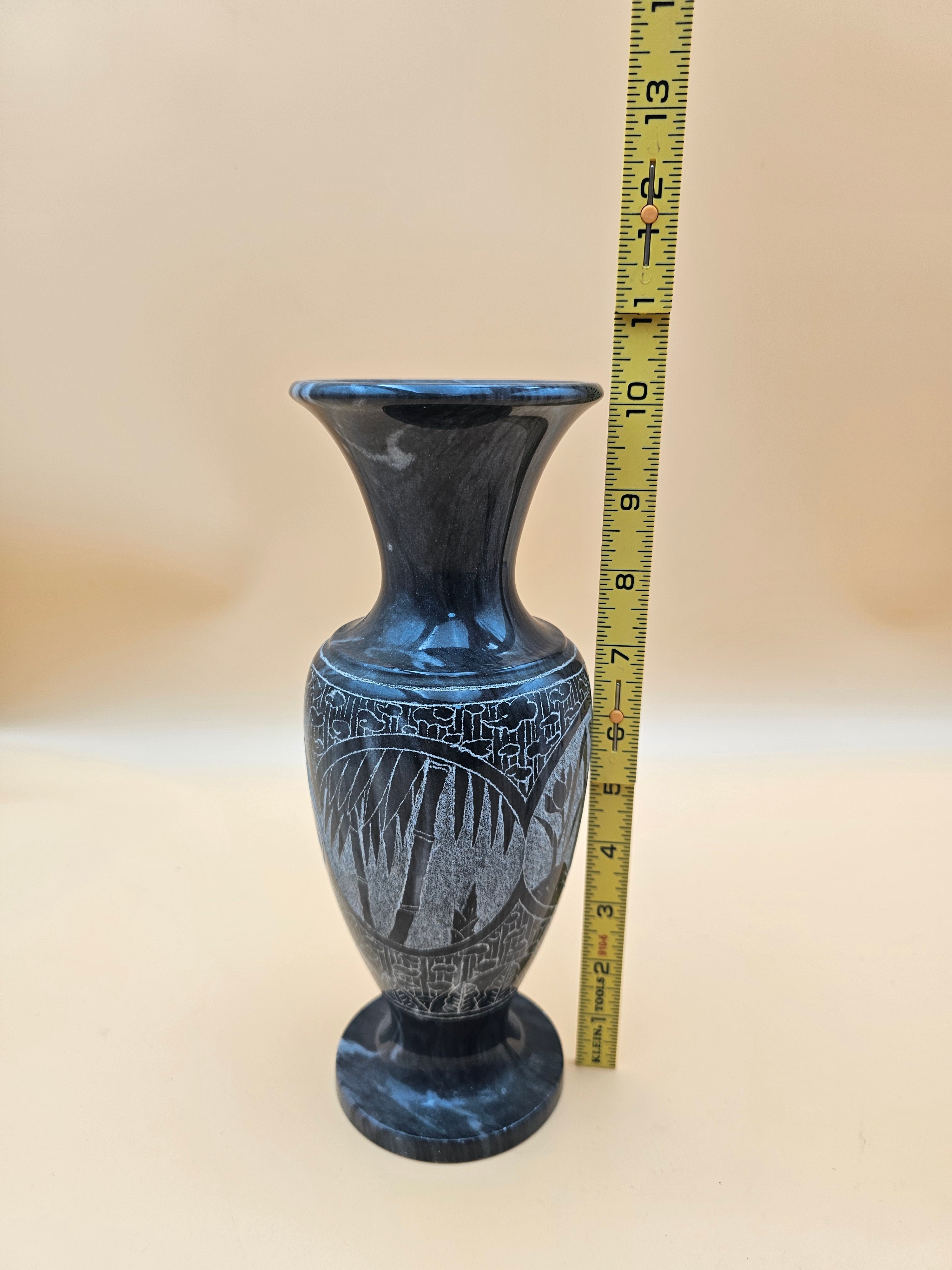 Black Marble Etched Floral Pedestal Vase – 10.25"