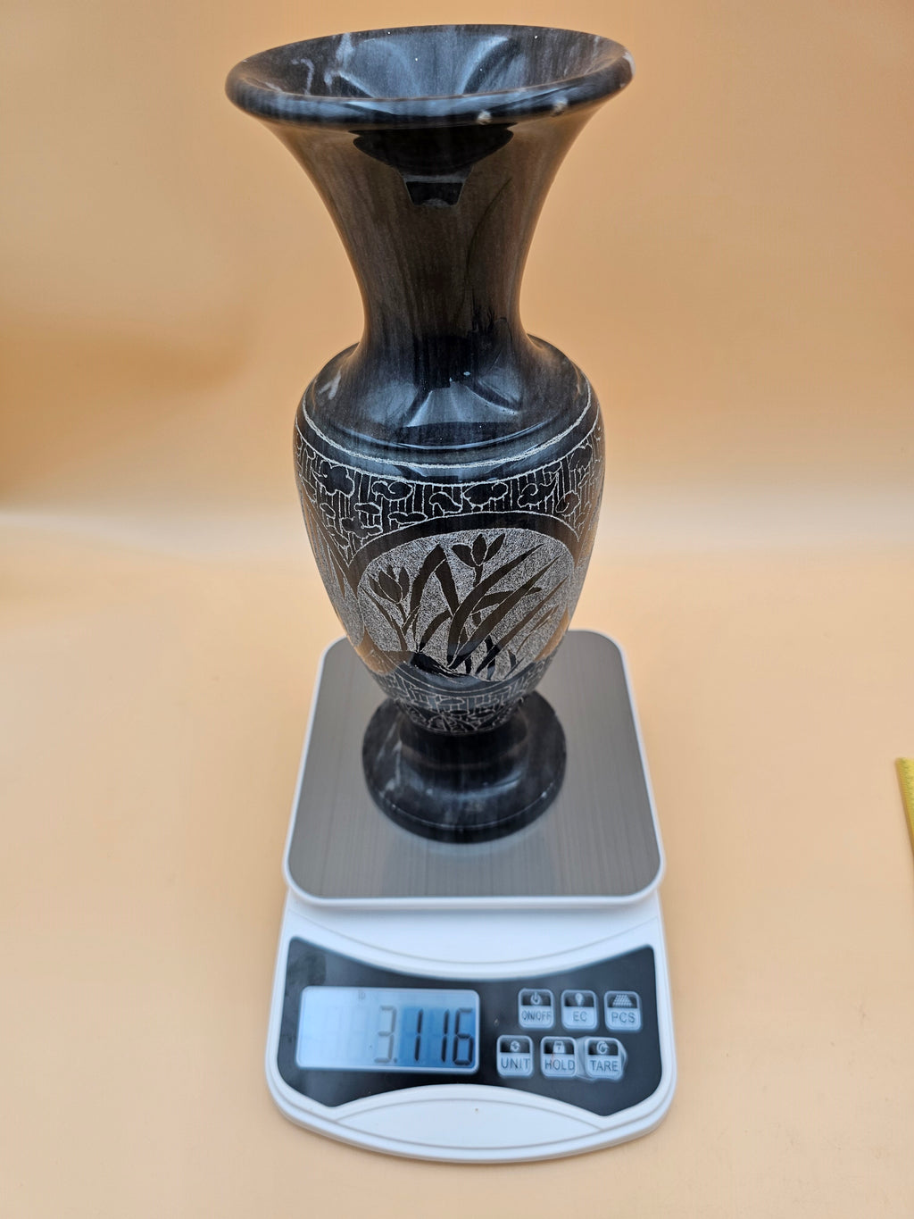 Black Marble Etched Floral Pedestal Vase – 10.25"