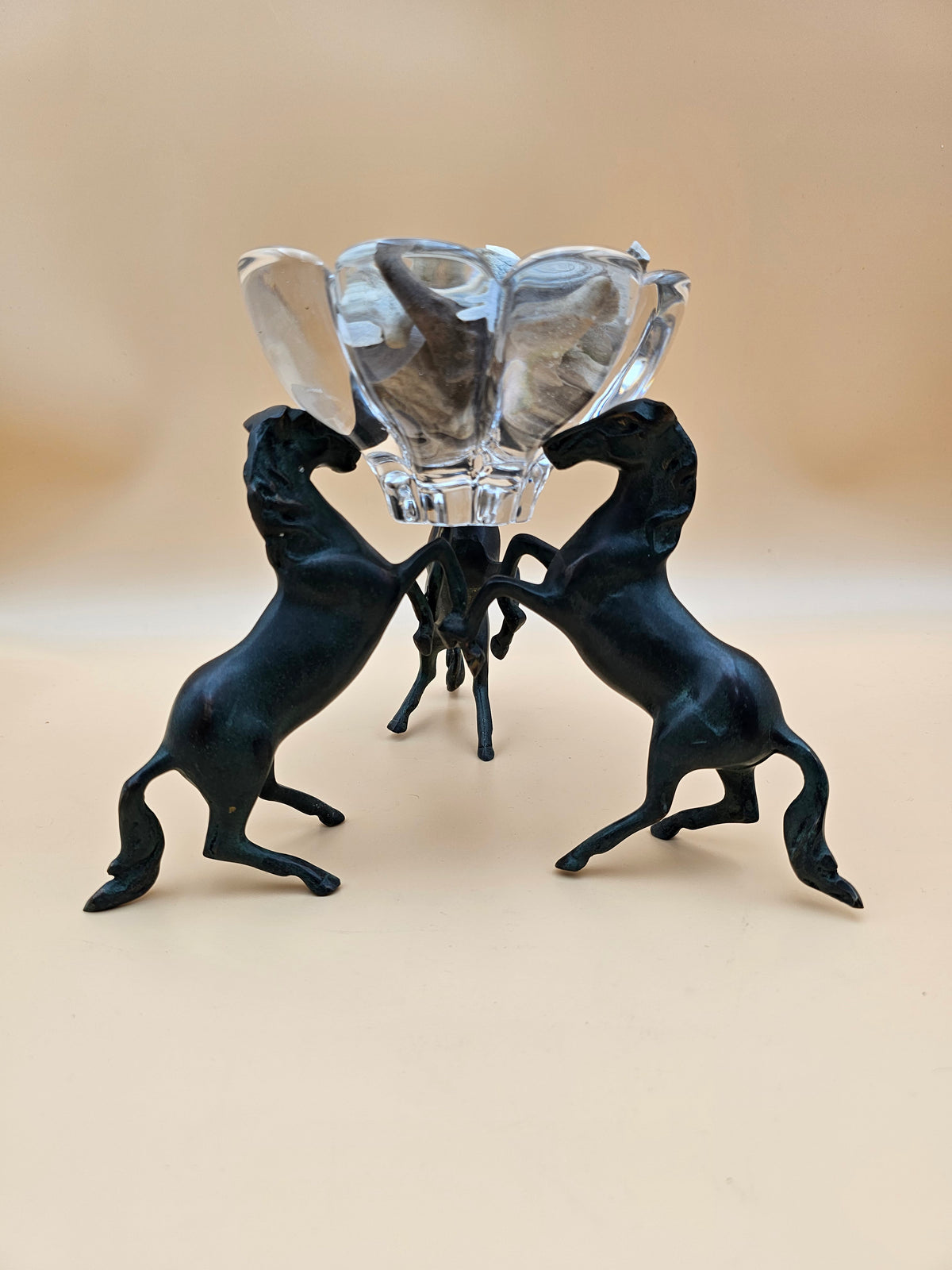 Vintage Three Rearing Horses Metal & Glass Centerpiece Bowl – Equestrian Decor