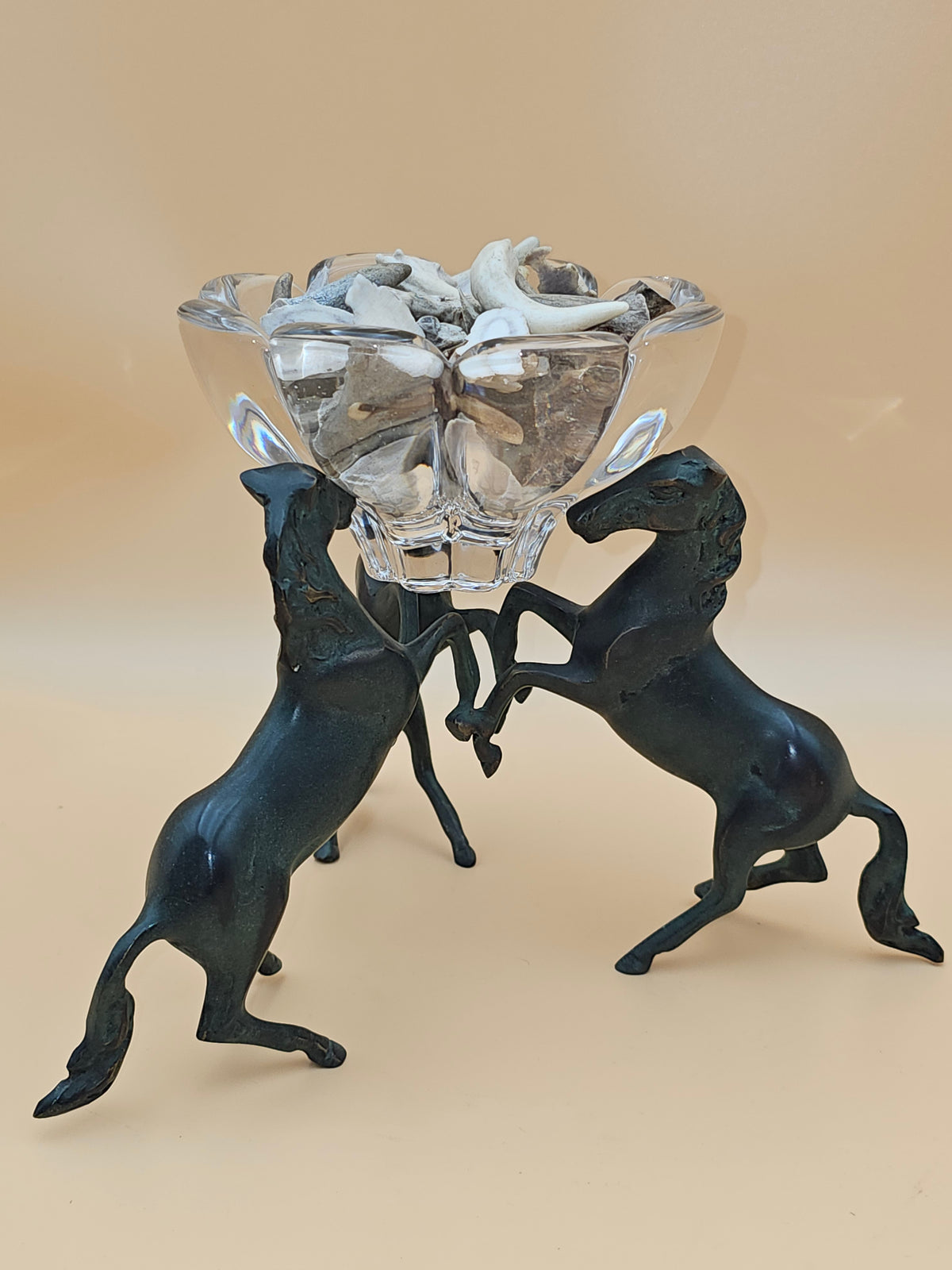 Vintage Three Rearing Horses Metal & Glass Centerpiece Bowl – Equestrian Decor