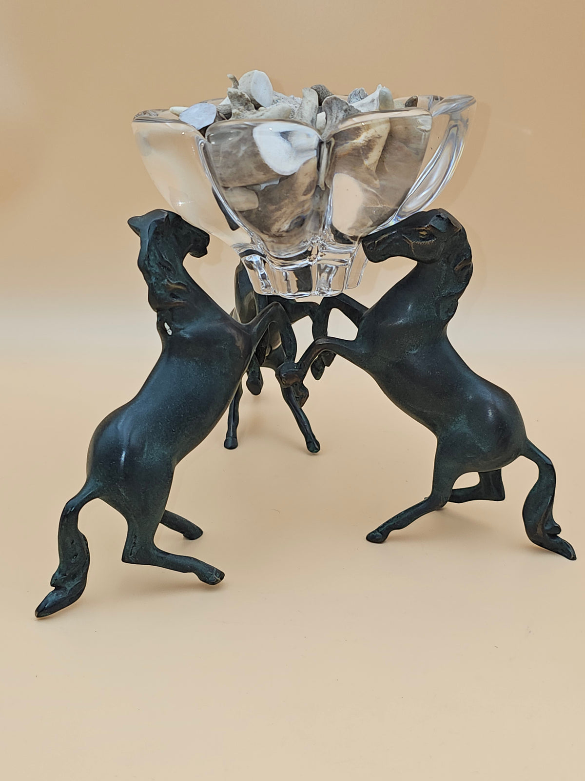 Vintage Three Rearing Horses Metal & Glass Centerpiece Bowl – Equestrian Decor