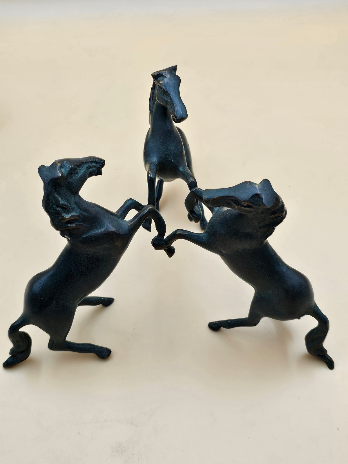 Vintage Three Rearing Horses Metal & Glass Centerpiece Bowl – Equestrian Decor