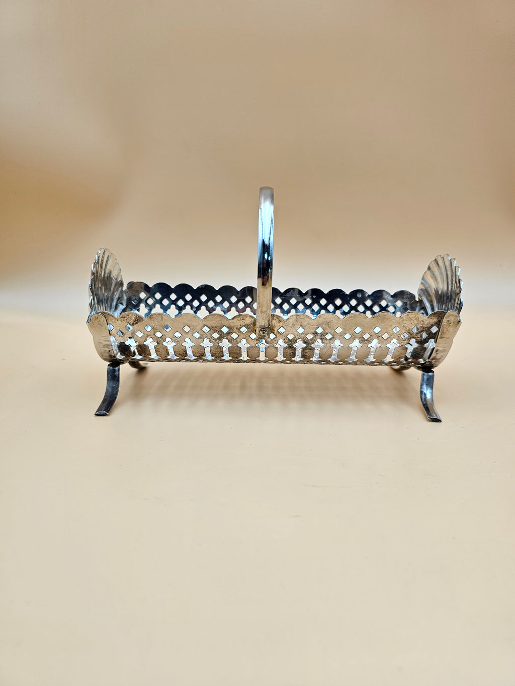 Vintage Silver-Plated Pierced Cracker Basket with Shell Ends & Handle