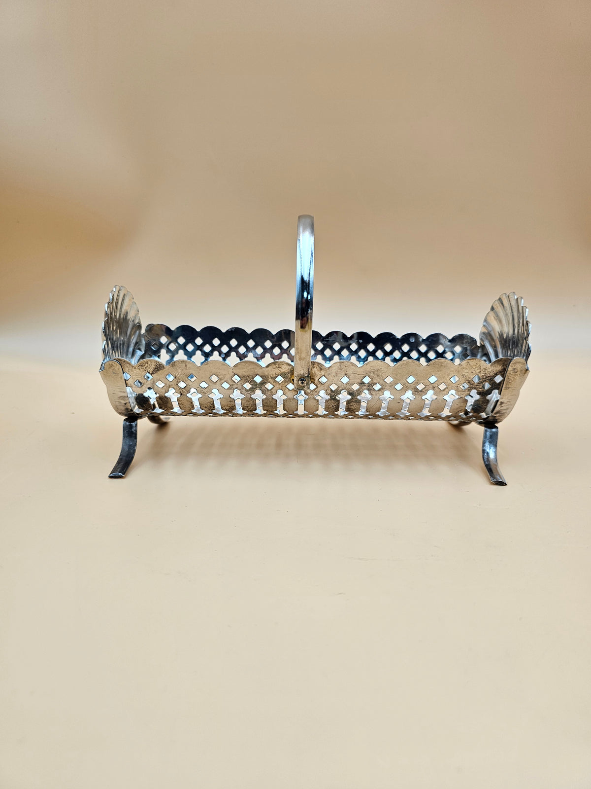 Vintage Silver-Plated Pierced Cracker Basket with Shell Ends & Handle